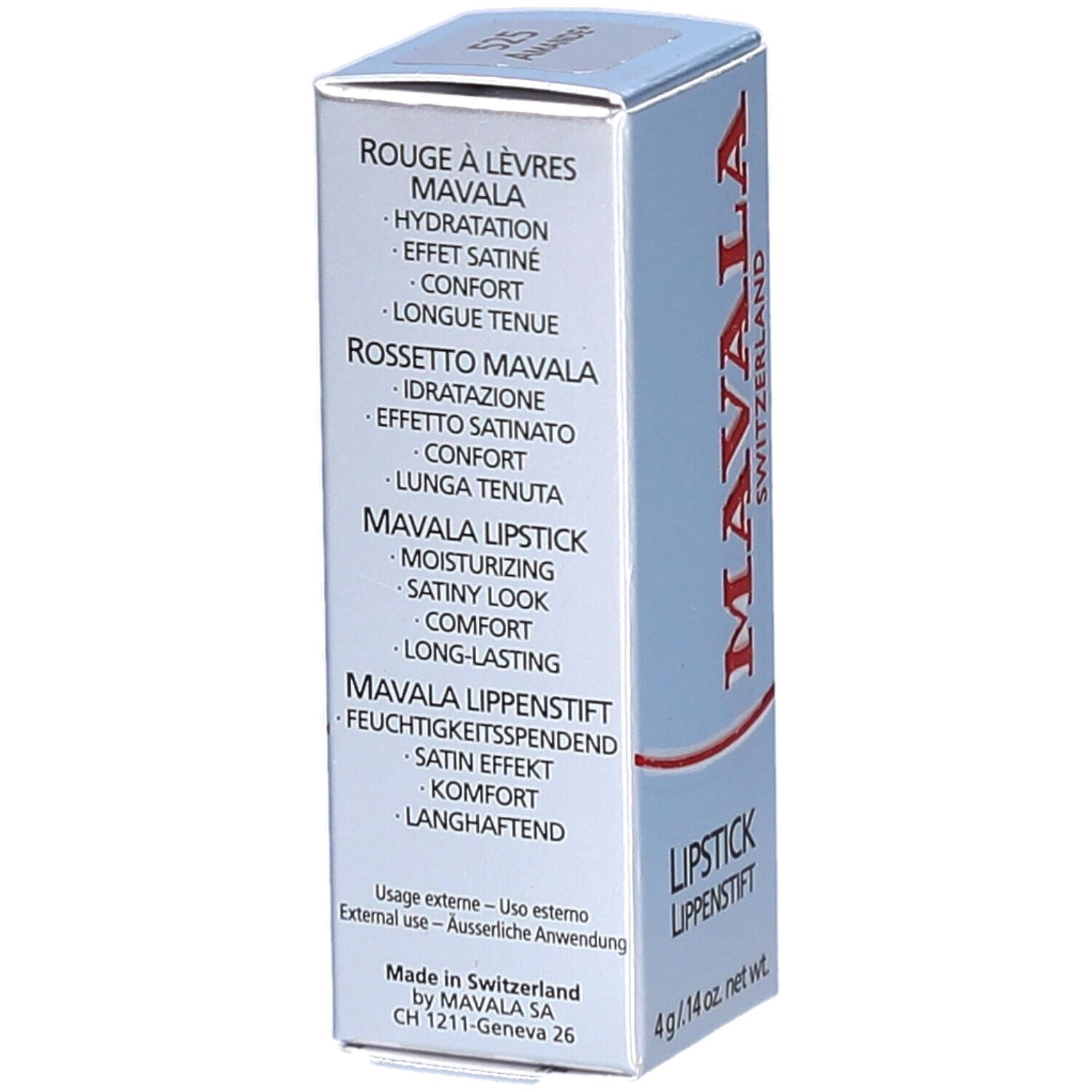Schachtel mit Lippenstift. Marke MAVALA, rot. Text: ROUGE À LÈVRES, ROSSETTO, LIPSTICK, LIPPENSTIFT. 4 g / .14 oz. net wt.