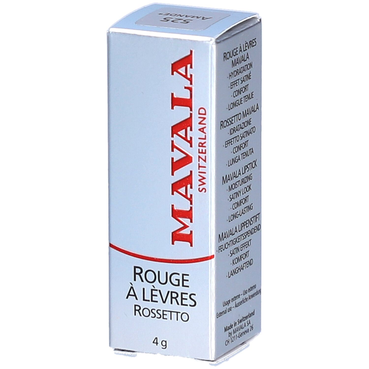 Schachtel mit Lippenstift. Marke MAVALA, rot. Text: ROUGE À LÈVRES, ROSSETTO. 4 g. Aufschrift: 525 Amande.