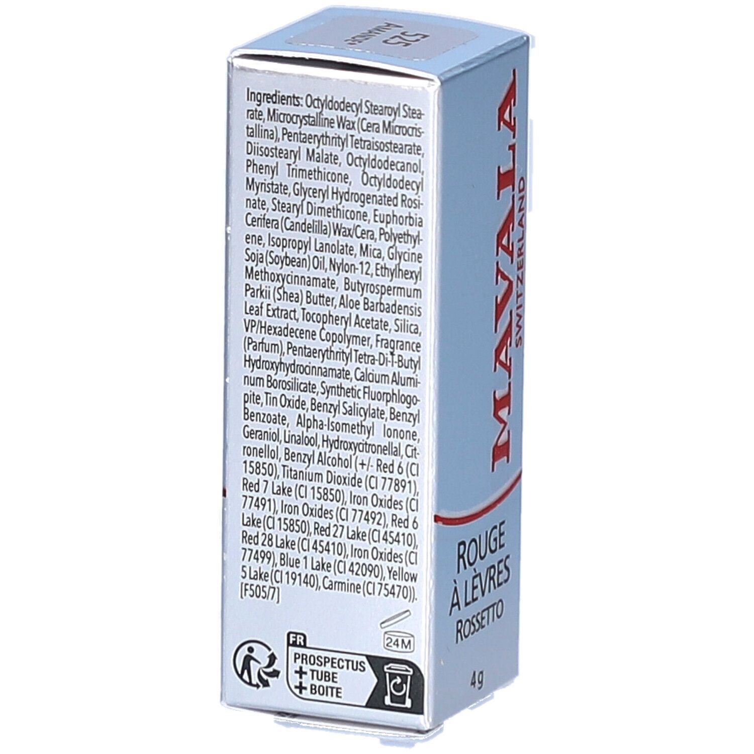 Schachtel mit Lippenstift. Marke MAVALA, rot. Text: ROUGE À LÈVRES, ROSSETTO. 4 g. Inhaltsstoffe auf der Rückseite.