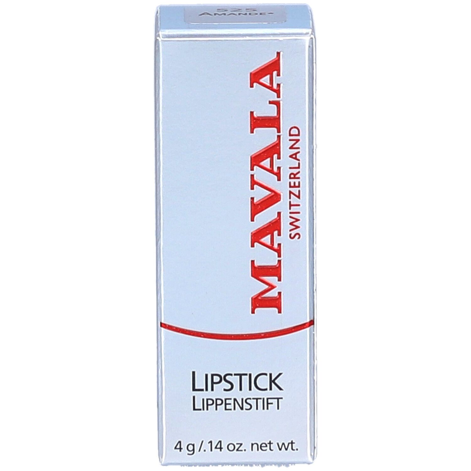 Schachtel mit Lippenstift. Marke MAVALA, rot. Text: LIPSTICK, LIPPENSTIFT. 4 g / .14 oz. net wt. Aufschrift: 525 Amande.