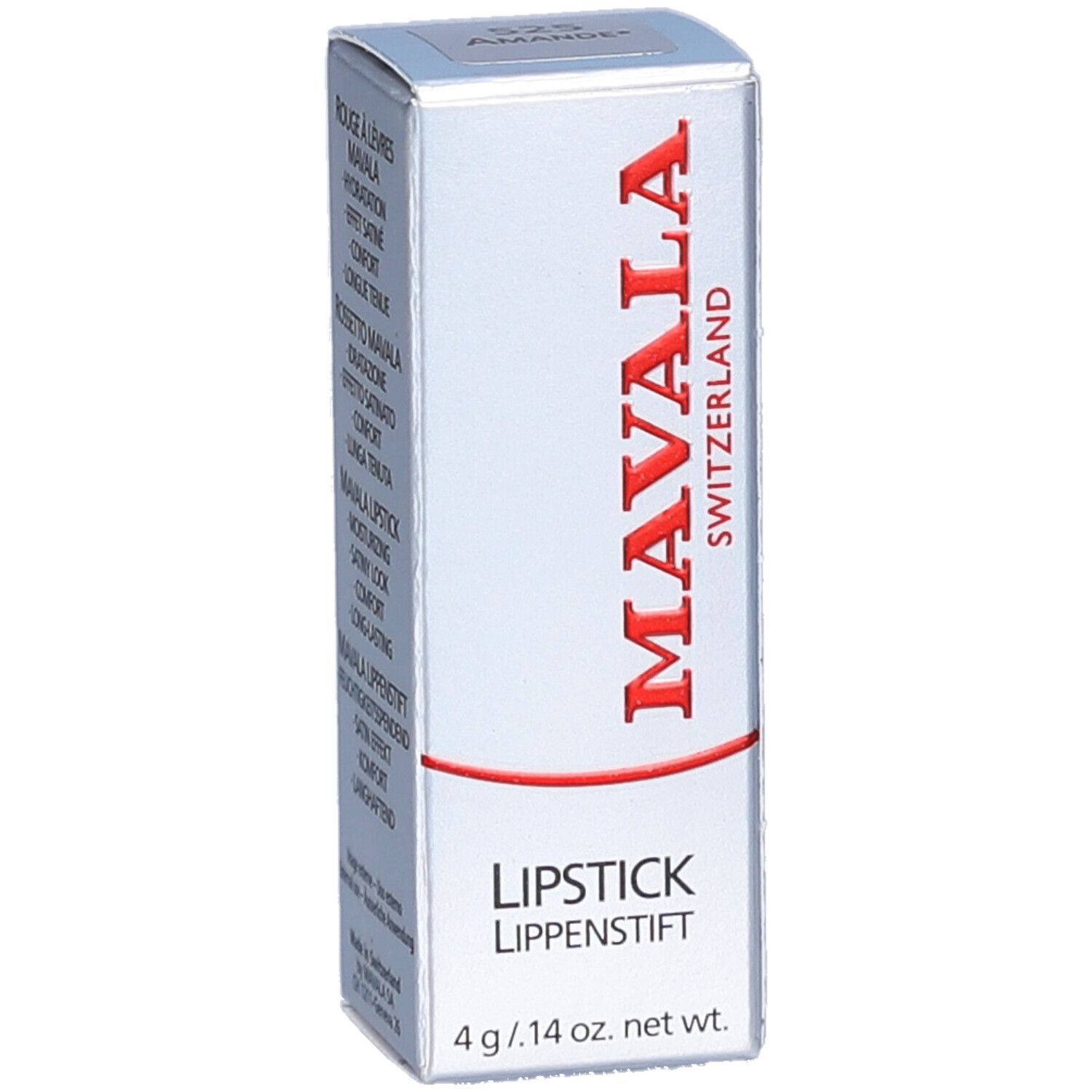 Schachtel mit Lippenstift. Marke MAVALA, rot. Text: LIPSTICK, LIPPENSTIFT. 4 g / .14 oz. net wt. Aufschrift: 525 Amande.