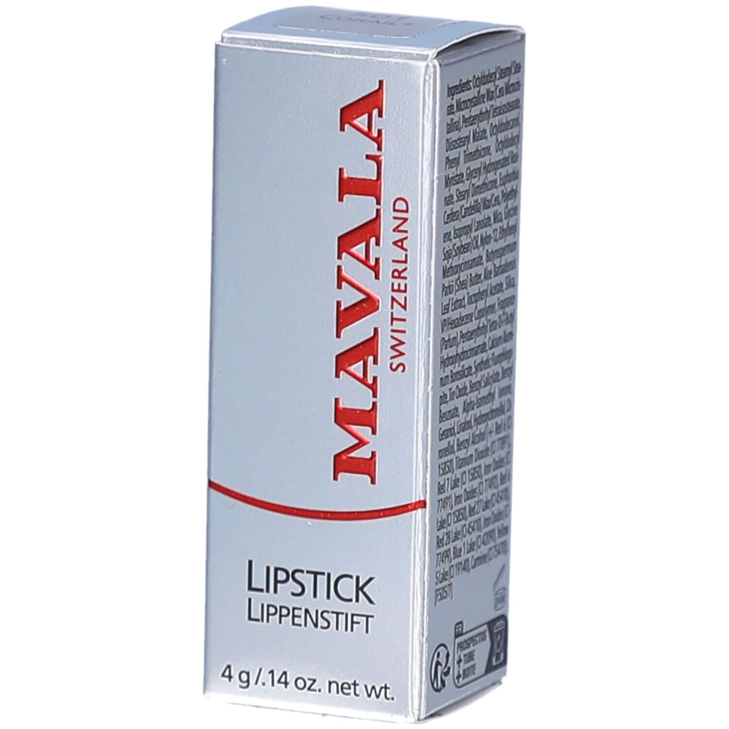Boîte de rouge à lèvres MAVALA. Inscription rouge. En bas: "LIPSTICK LIPPENSTIFT". Poids: 4 g / .14 oz. net wt.