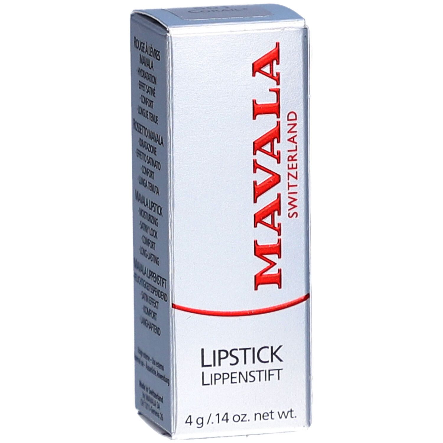 Boîte de rouge à lèvres MAVALA. Inscription rouge. En bas: "LIPSTICK LIPPENSTIFT". Poids: 4 g / .14 oz. net wt.