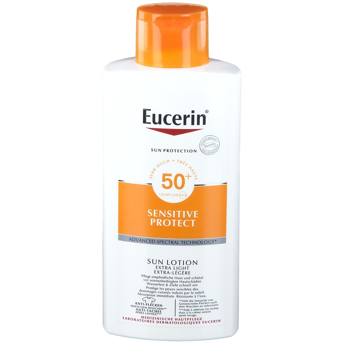Eucerin Sensitive Protect Lotion solaire LSF 50+. Flacon blanc, bouchon orange. Texte: Sun Protection, Sensitive Protect, 50+.