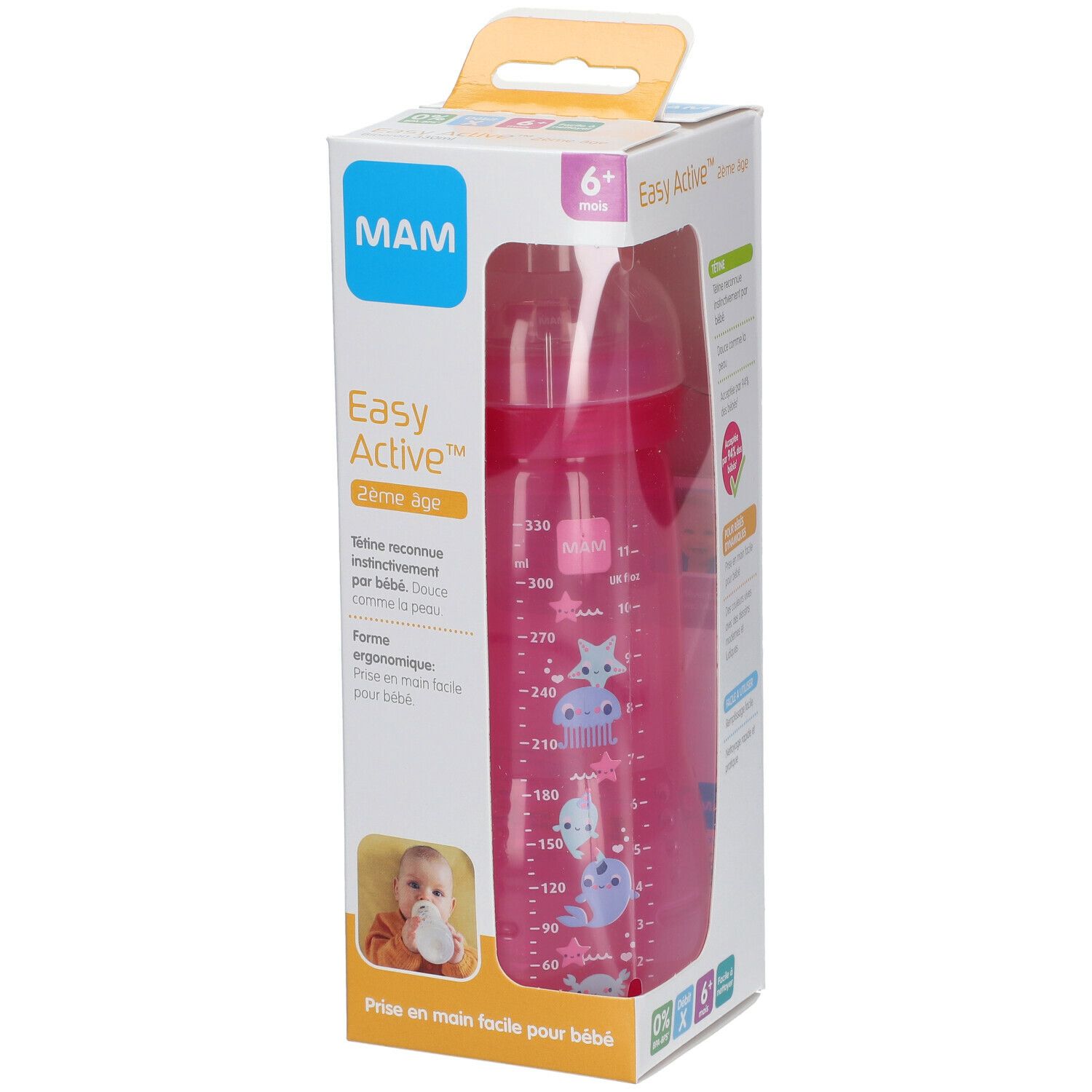 MAM Easy Active™ Biberon 2ème âge 330 ml rose (Couleur non selectionnable)