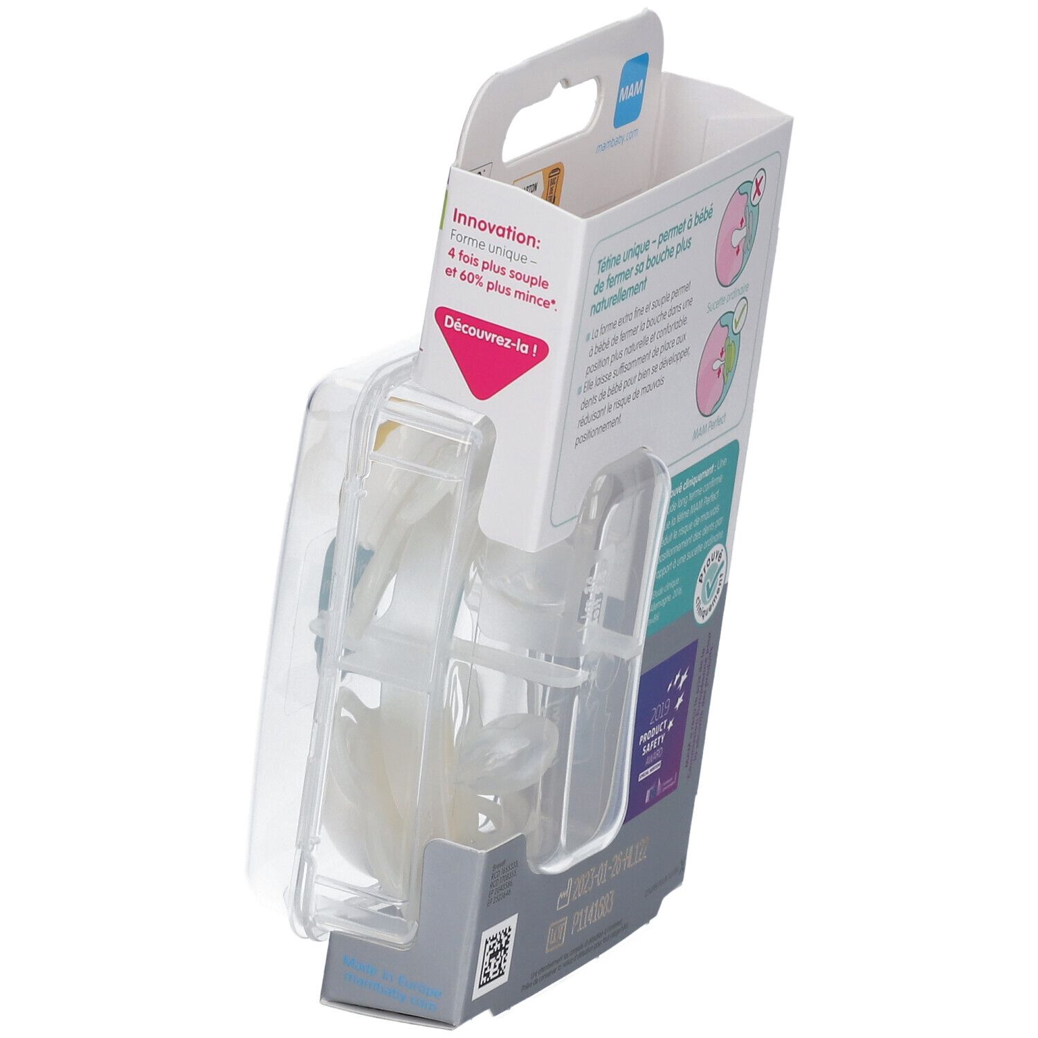 MAM Perfect Naissance Schnuller-Verpackung. Zwei Schnuller in Kunststoffbox. Alter: 0-2 Monate. BPA/BPS-frei. Mit Silikon-Sauger. Schräge Ansicht.