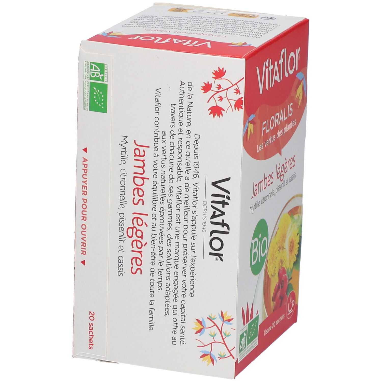 Vitaflor Bio Kräutertee Leichte Beine. Rote und weiße Verpackung. Bio-Siegel. Text: Jambes légères.