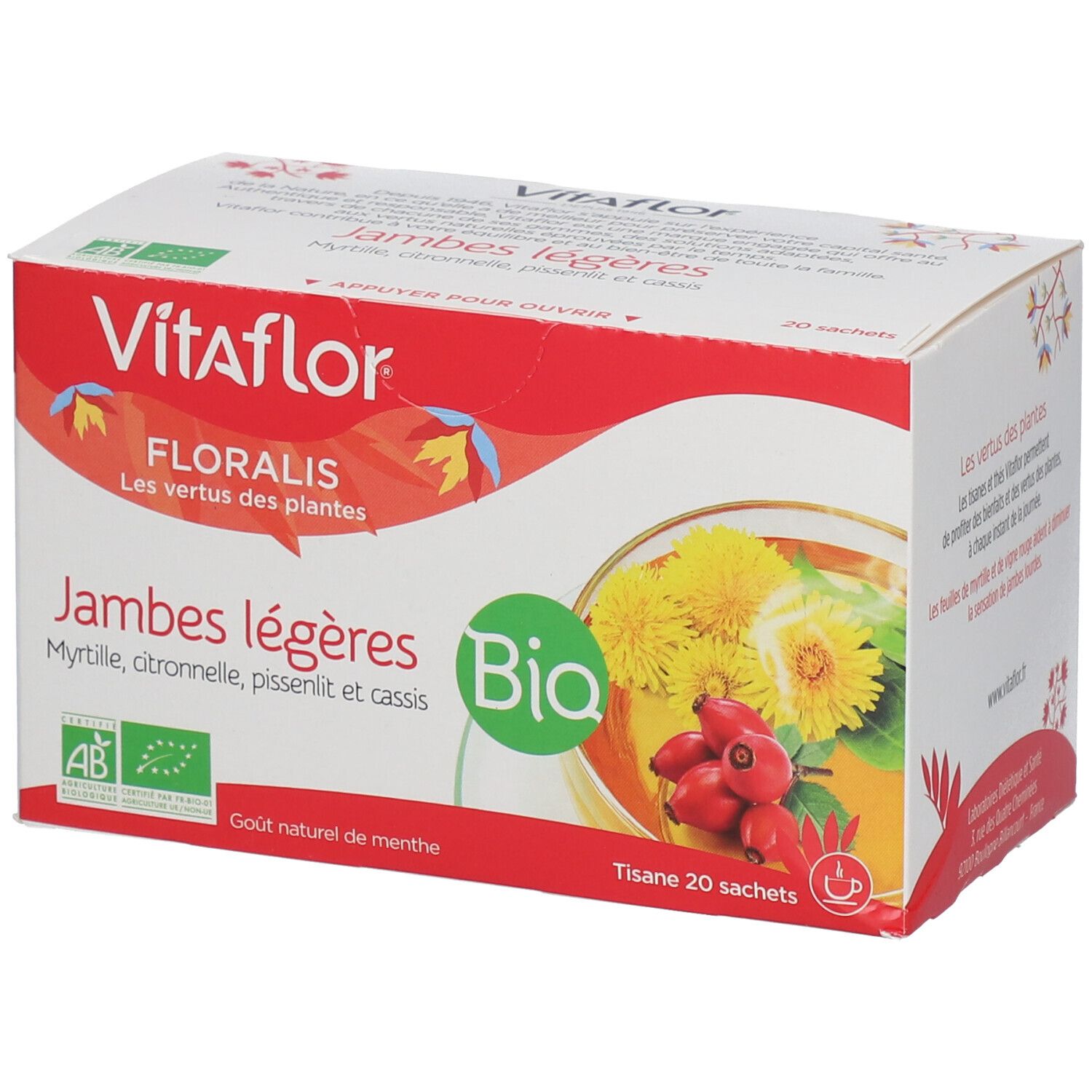 Vitaflor Bio Kräutertee Leichte Beine. Verpackung mit Kräuterdarstellung. Bio-Siegel. 20 Teebeutel.