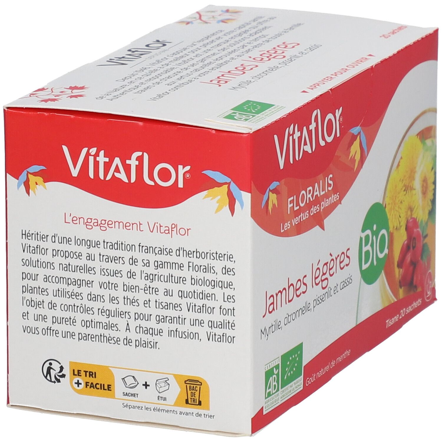 Vitaflor Bio Kräutertee Leichte Beine. Rote Verpackung. Bio-Siegel. Text: Jambes légères. 20 Teebeutel.