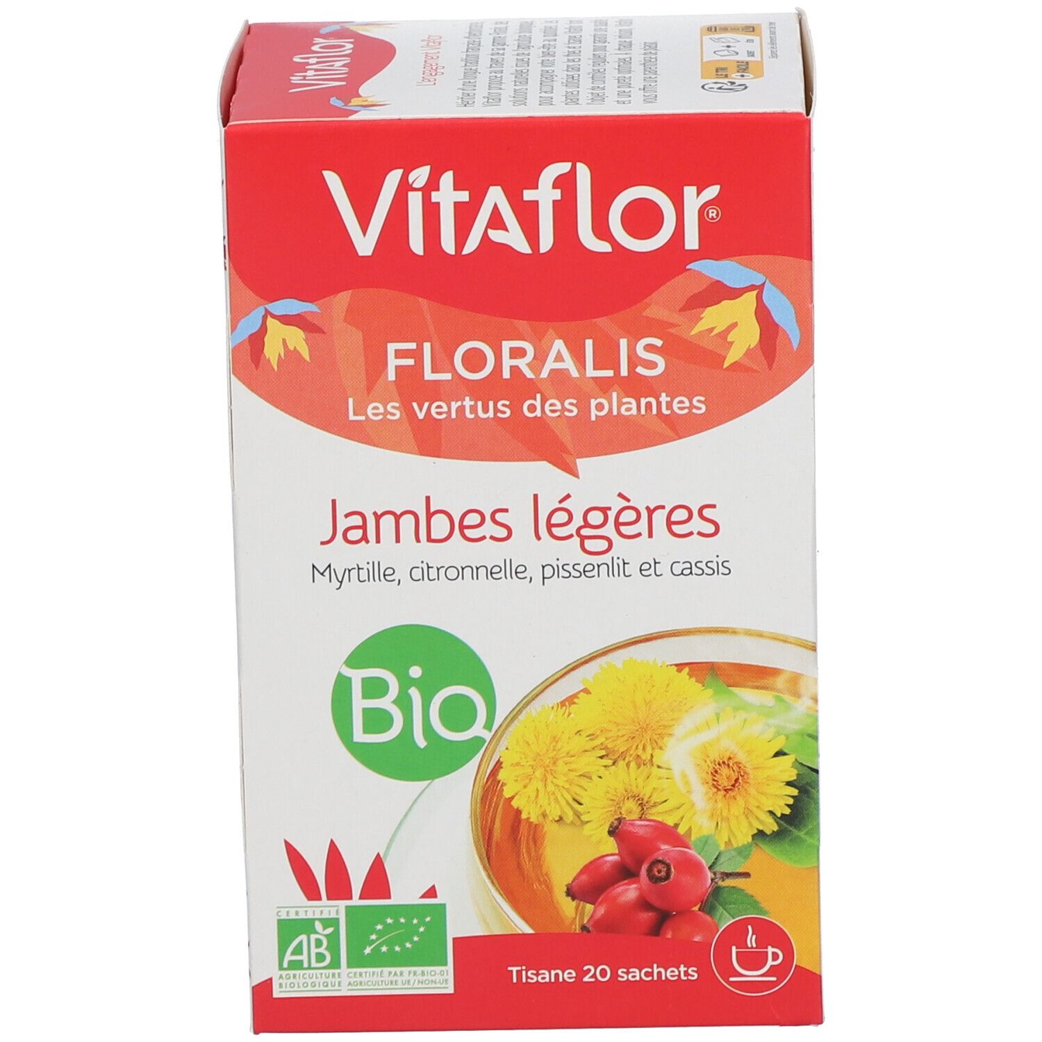 Vitaflor Bio Kräutertee Leichte Beine. Rote Verpackung. Bio-Siegel. 20 Teebeutel. Kräuter-Illustration.