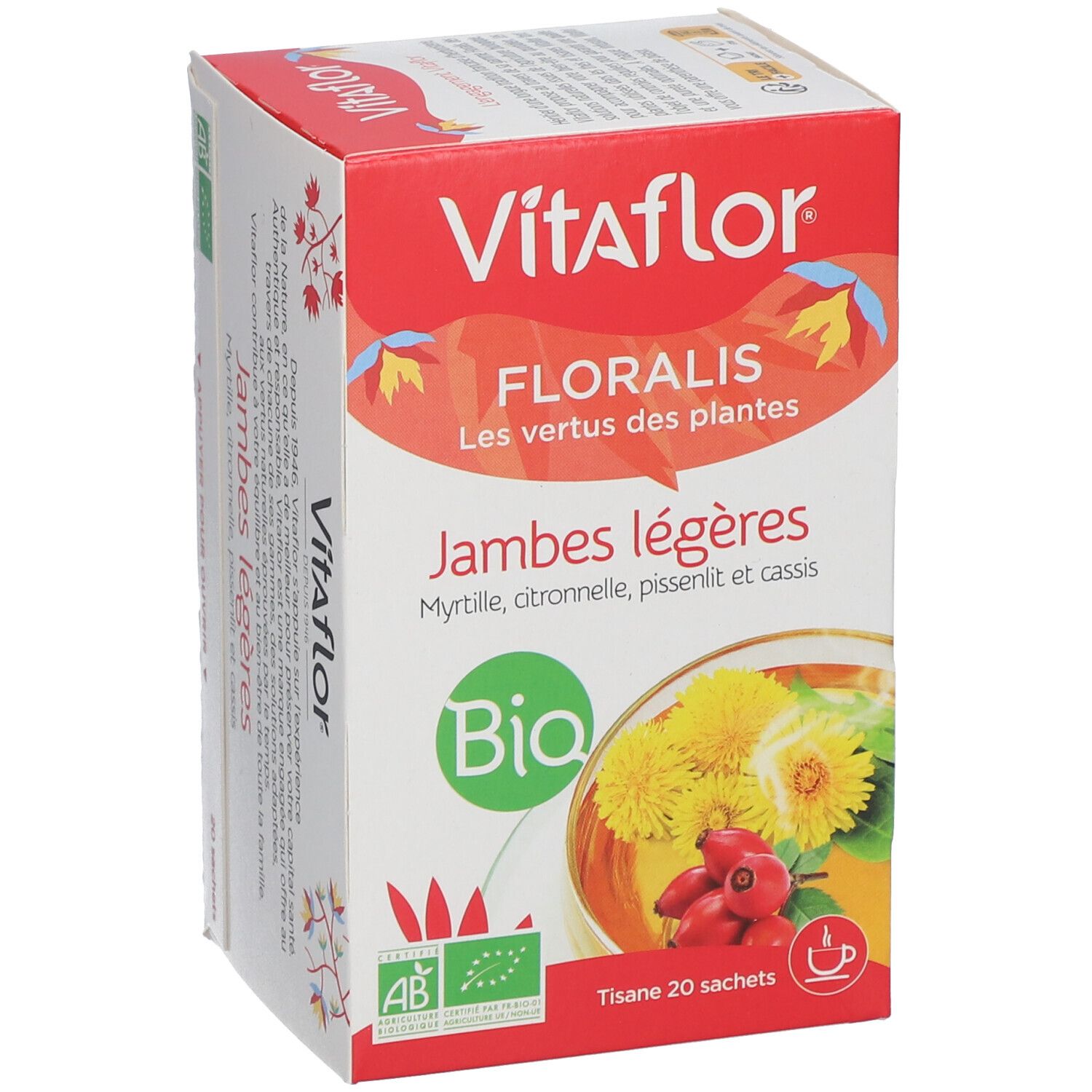 Vitaflor Bio Kräutertee Leichte Beine. Rote Verpackung. Bio-Siegel. 20 Teebeutel. Kräuter-Illustration.