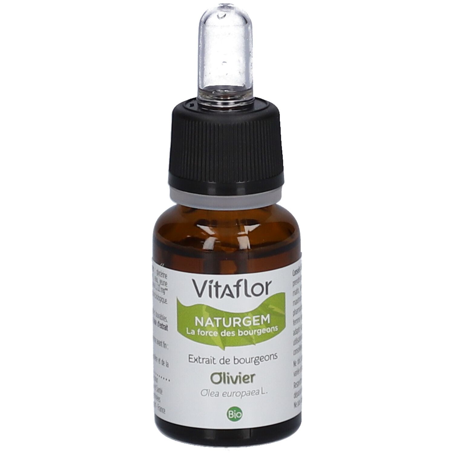 Braune Glasflasche mit schwarzem Verschluss und Pipette. Etikett mit Vitaflor, NATURGEM, Olivier und Bio-Siegel.