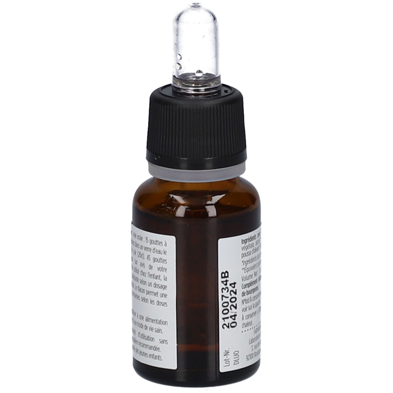 Braune Glasflasche mit Etikett. Aufgedrucktes Verfallsdatum und Chargennummer.