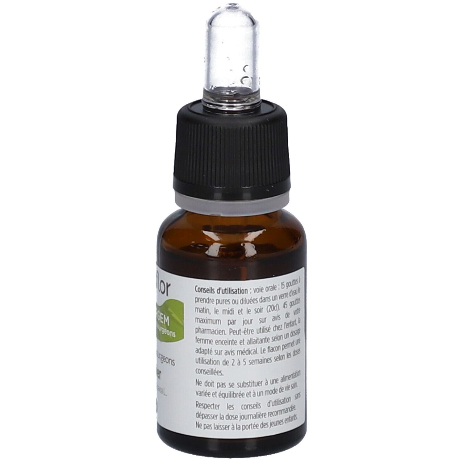 Braune Glasflasche mit Etikett. Dosierungsempfehlung und Anwendungshinweise.