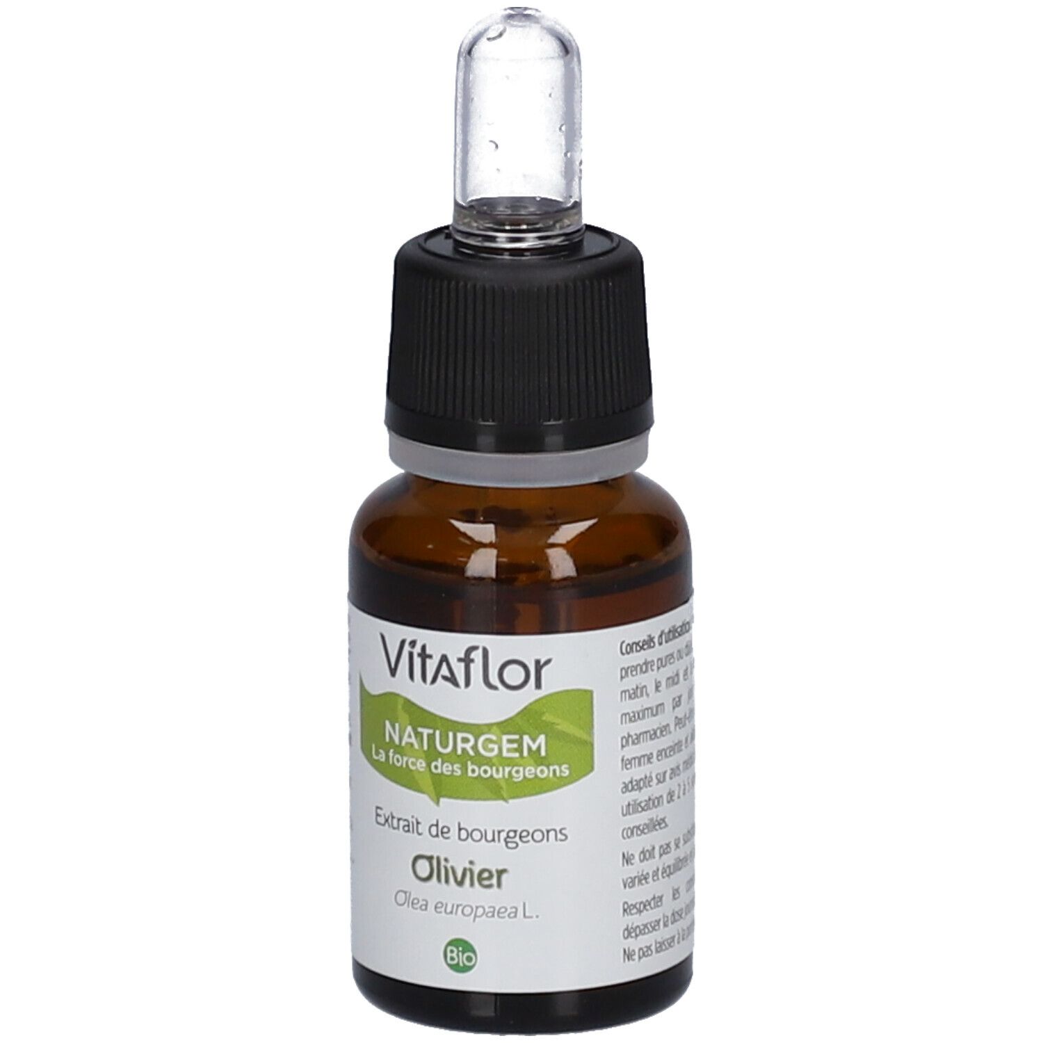 Braune Glasflasche mit schwarzem Verschluss und Pipette. Etikett mit Vitaflor, NATURGEM, Olivier und Bio-Siegel.