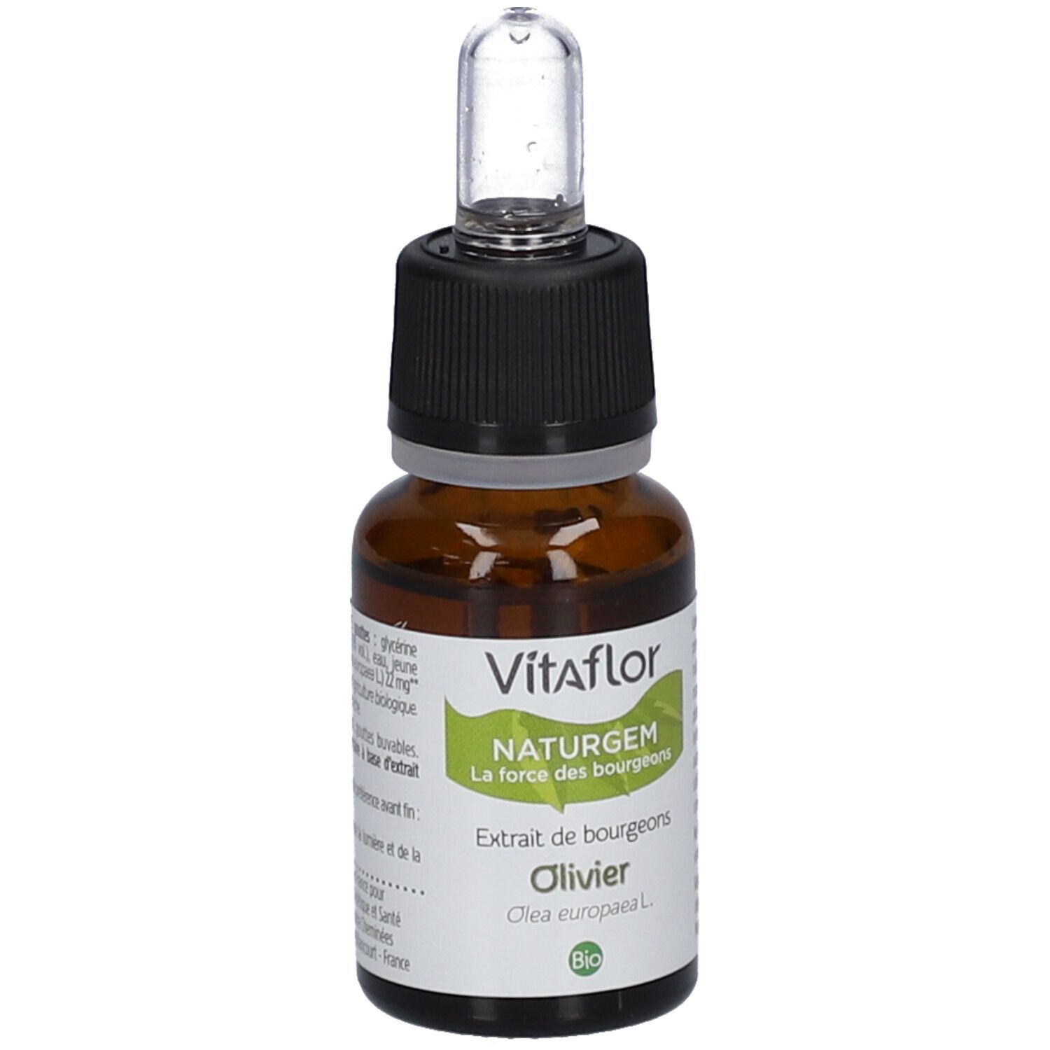 Braune Glasflasche mit schwarzem Verschluss und Pipette. Etikett mit Vitaflor, NATURGEM, Olivier und Bio-Siegel.