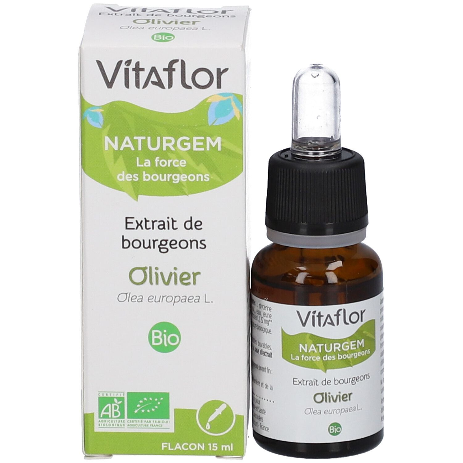 Produktflasche und Verpackung. Weiße Schachtel mit Vitaflor, NATURGEM, Olivier und Bio-Siegel. Flasche daneben.