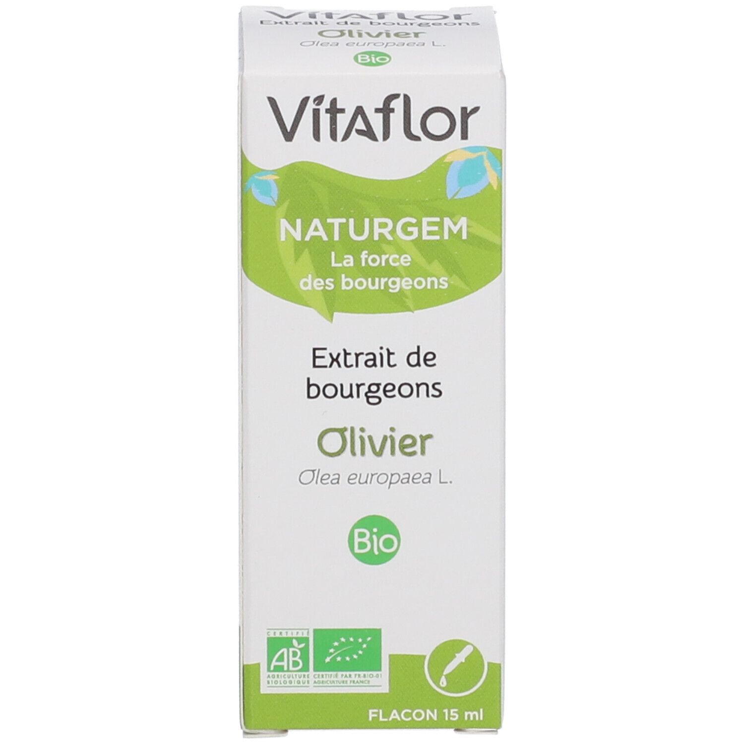 Weiße Verpackung mit Vitaflor, NATURGEM, Olivier und Bio-Siegel. Flacon 15 ml.