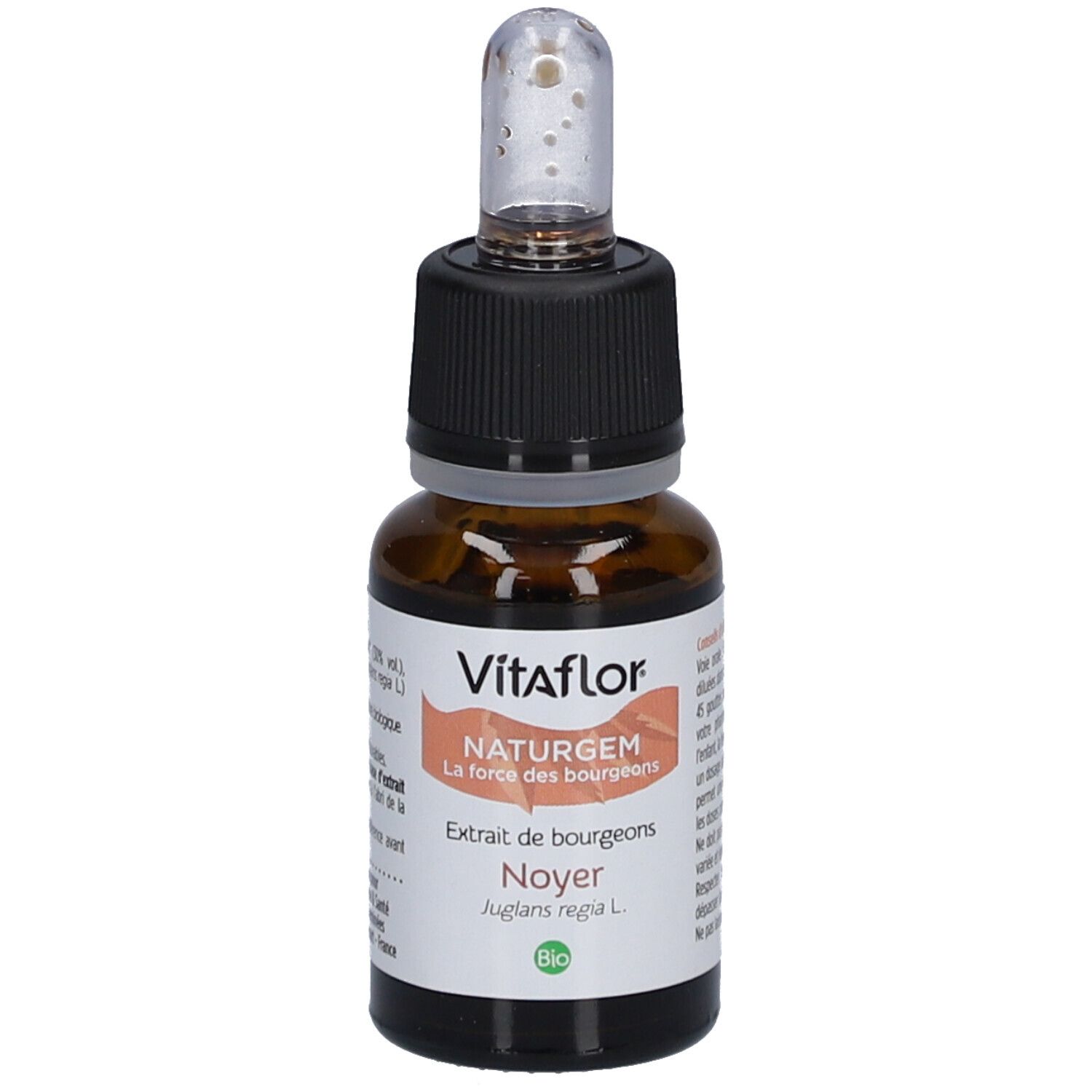 Braune Glasflasche mit schwarzem Verschluss und Pipette. Etikett mit Produktinformationen. Vitaflor NaturGem.