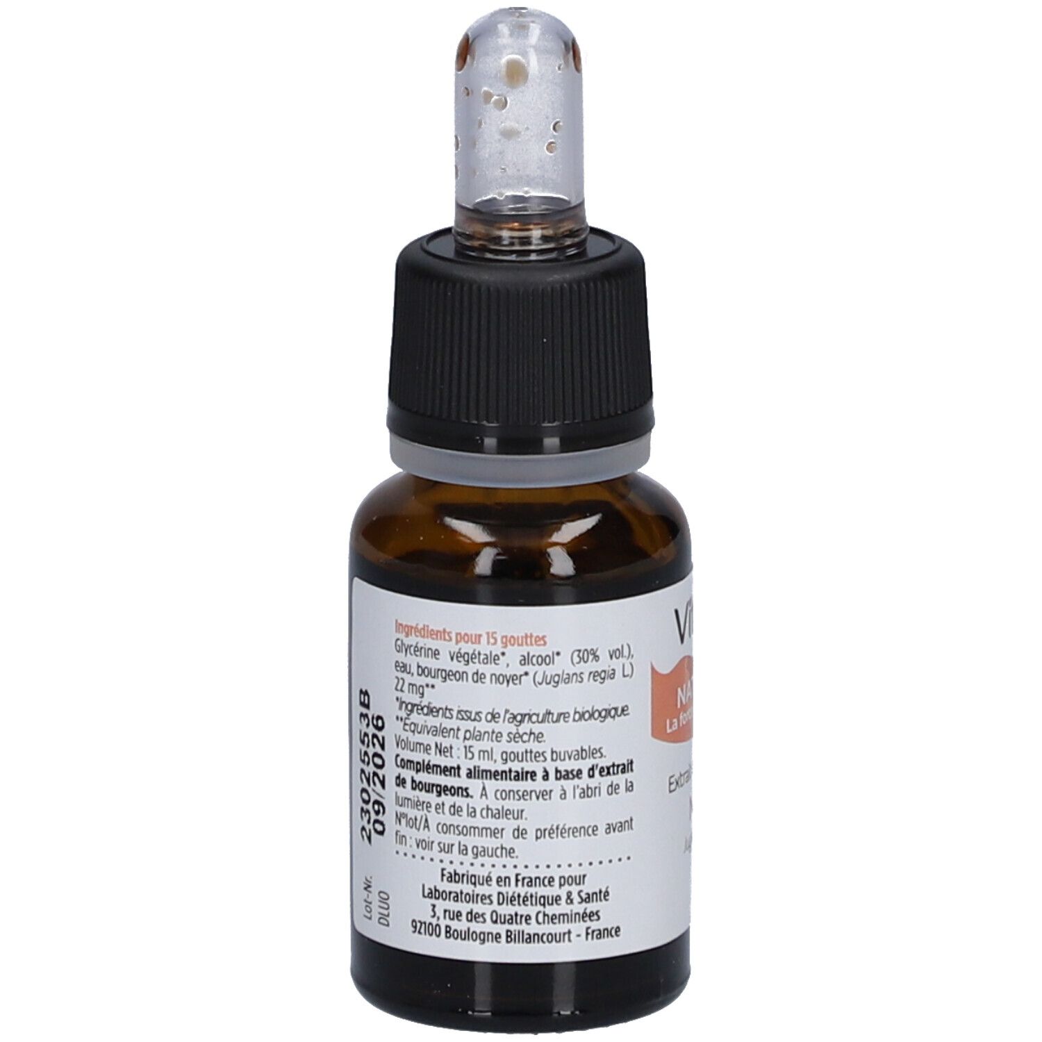 Rückseite einer braunen Glasflasche mit Etikett. Produktinformationen, Inhaltsstoffe, Herstelleradresse. Vitaflor.