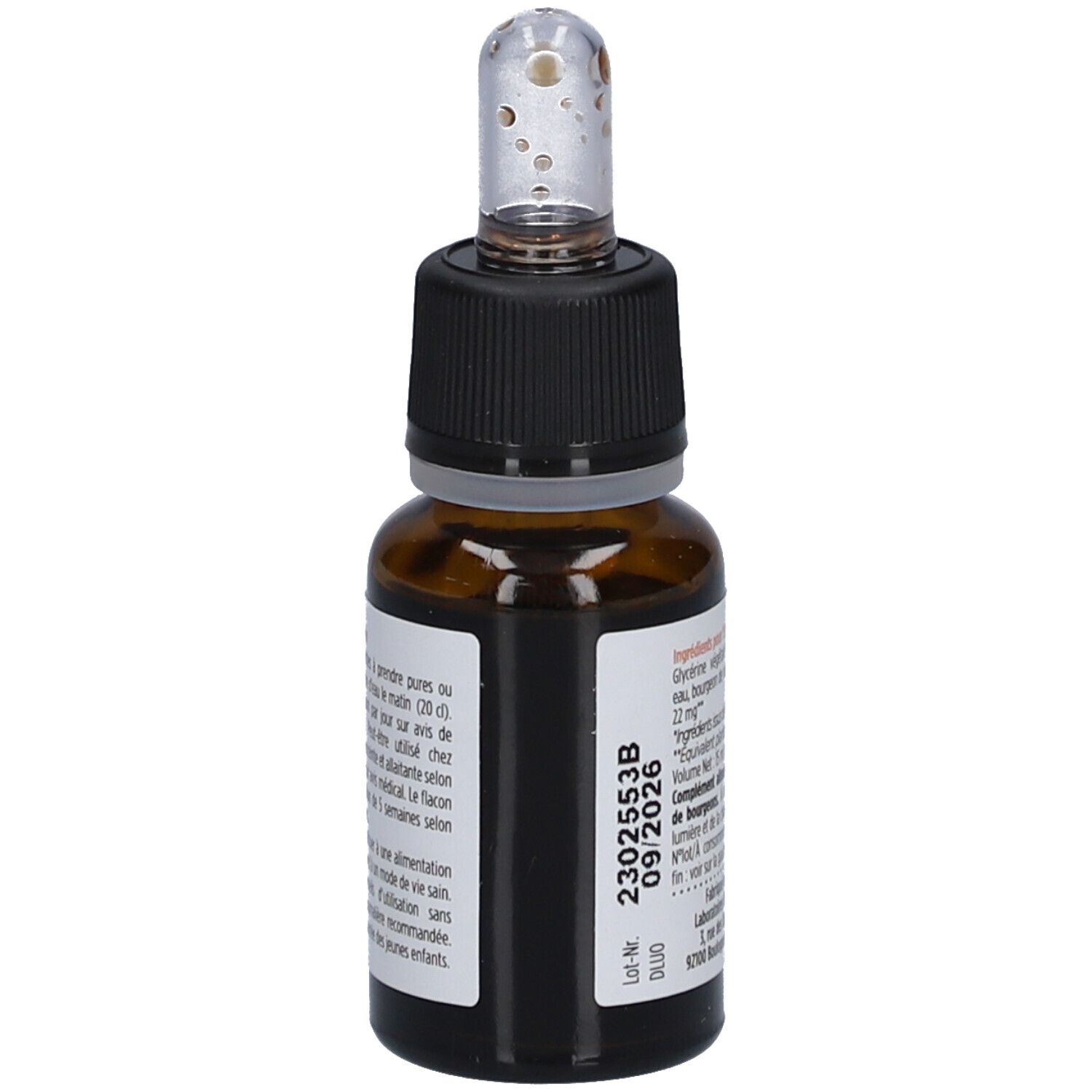 Rückseite einer braunen Glasflasche mit Etikett. Produktinformationen, Verfallsdatum. Vitaflor.