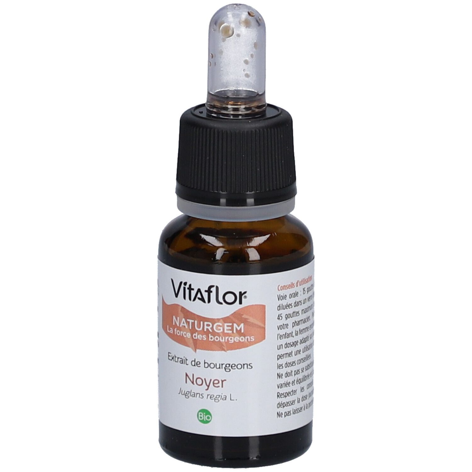 Braune Glasflasche mit schwarzem Verschluss und Pipette. Etikett mit Produktinformationen. Vitaflor NaturGem.