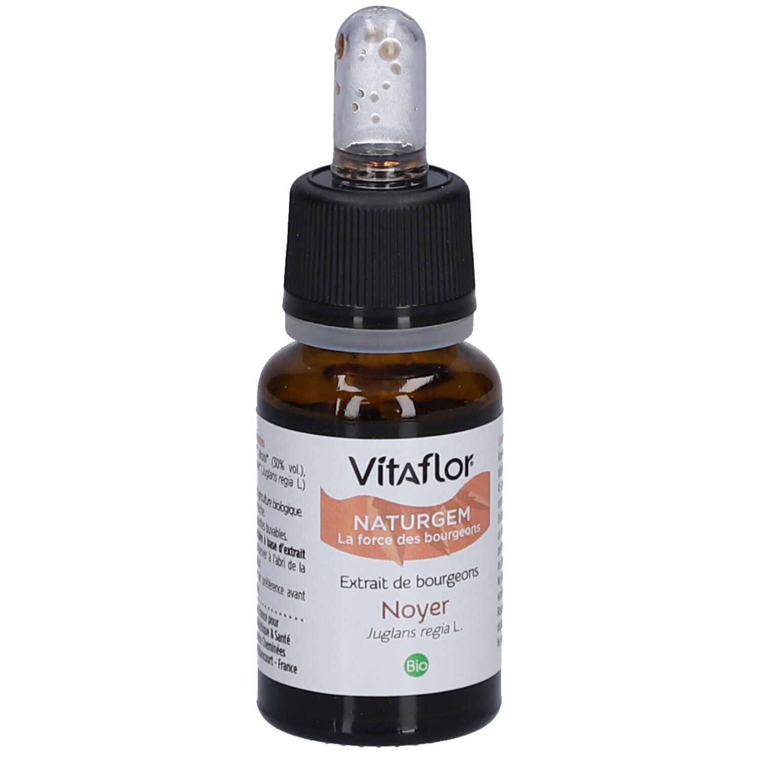 Braune Glasflasche mit schwarzem Verschluss und Pipette. Etikett mit Produktinformationen. Vitaflor NaturGem.
