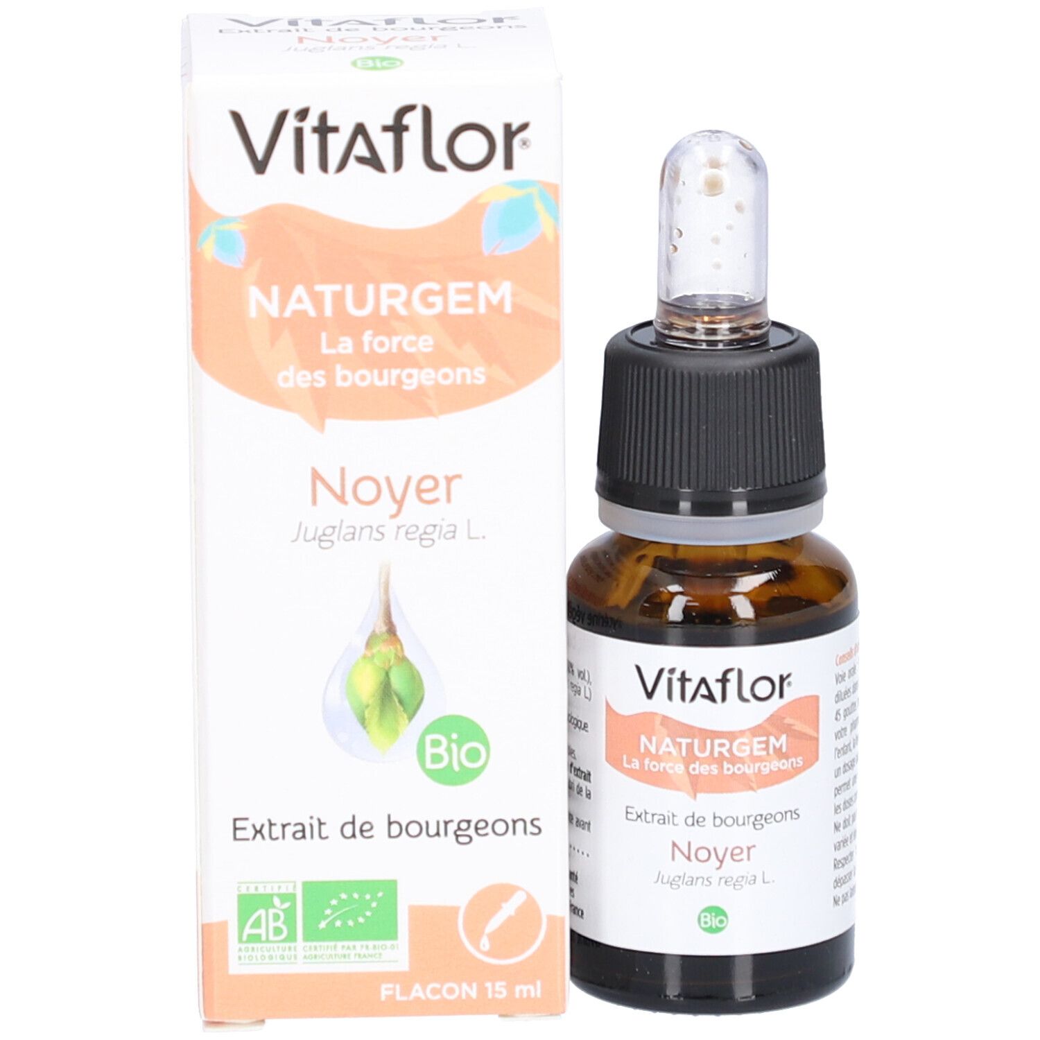 Produktverpackung mit Flasche und Pipette. Vitaflor NaturGem, Extrait de bourgeons, Noyer. Bio-Siegel.