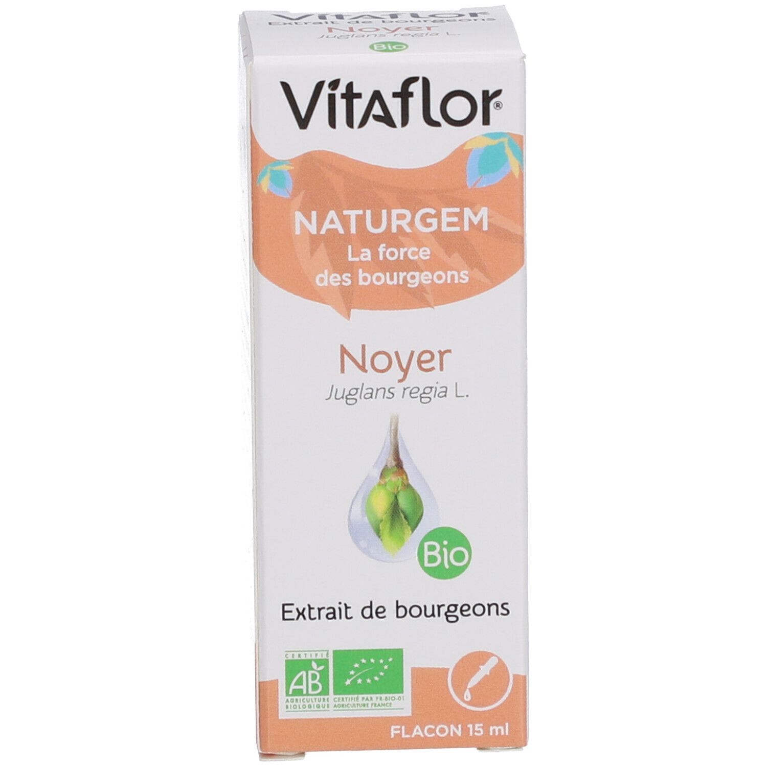 Produktverpackung. Vitaflor NaturGem, Extrait de bourgeons, Noyer. Bio-Siegel. Flacon 15 ml.