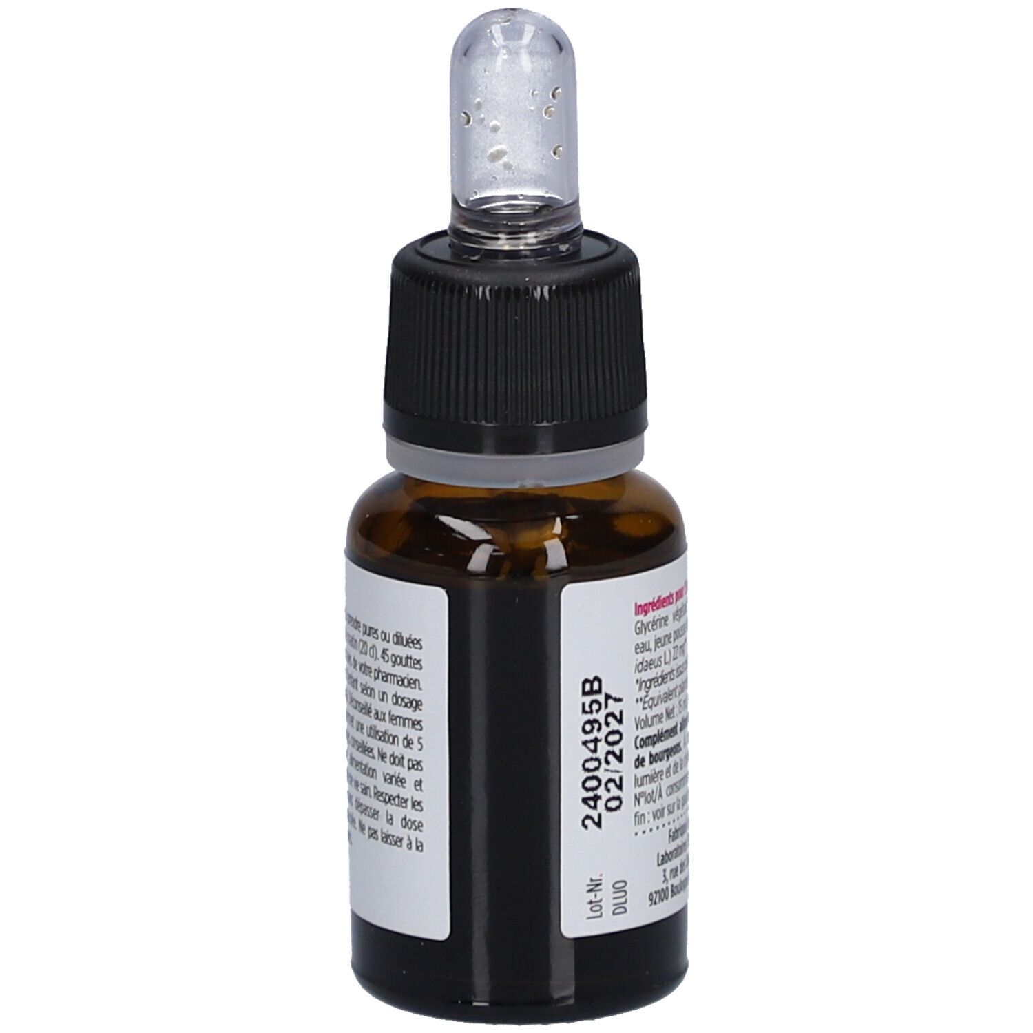 Flacon en verre brun avec bouchon noir et pipette. Étiquette avec numéro de lot et label bio. Flacon compte-gouttes.