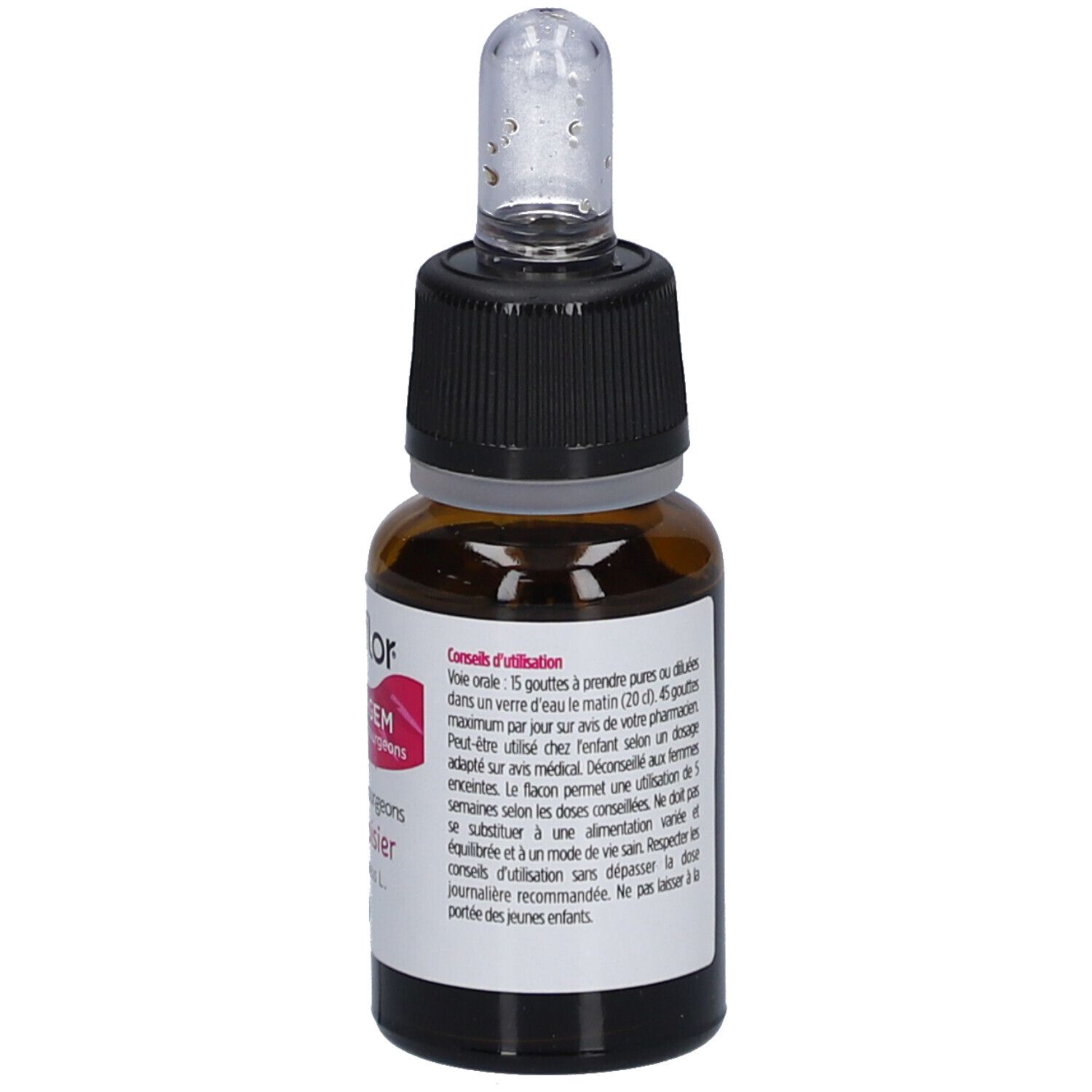 Flacon en verre brun avec bouchon noir et pipette. Étiquette avec conseils d'utilisation et label bio. Flacon compte-gouttes.