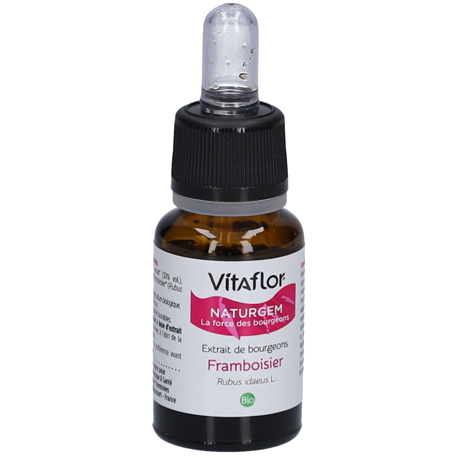 Flacon en verre brun avec bouchon noir et pipette. Étiquette avec nom du produit et label bio. Flacon compte-gouttes.