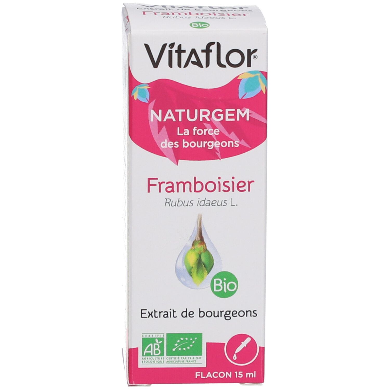 Emballage. Boîte blanche avec nom du produit, label bio et illustrations. Flacon 15 ml.