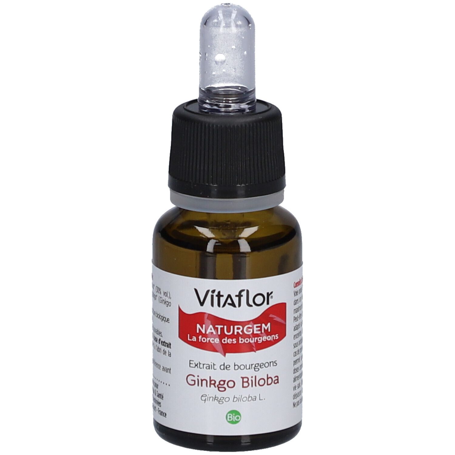 Flacon en verre brun avec bouchon noir et pipette. Étiquette Vitaflor, NATURGEM, Gingko Biloba et label Bio.