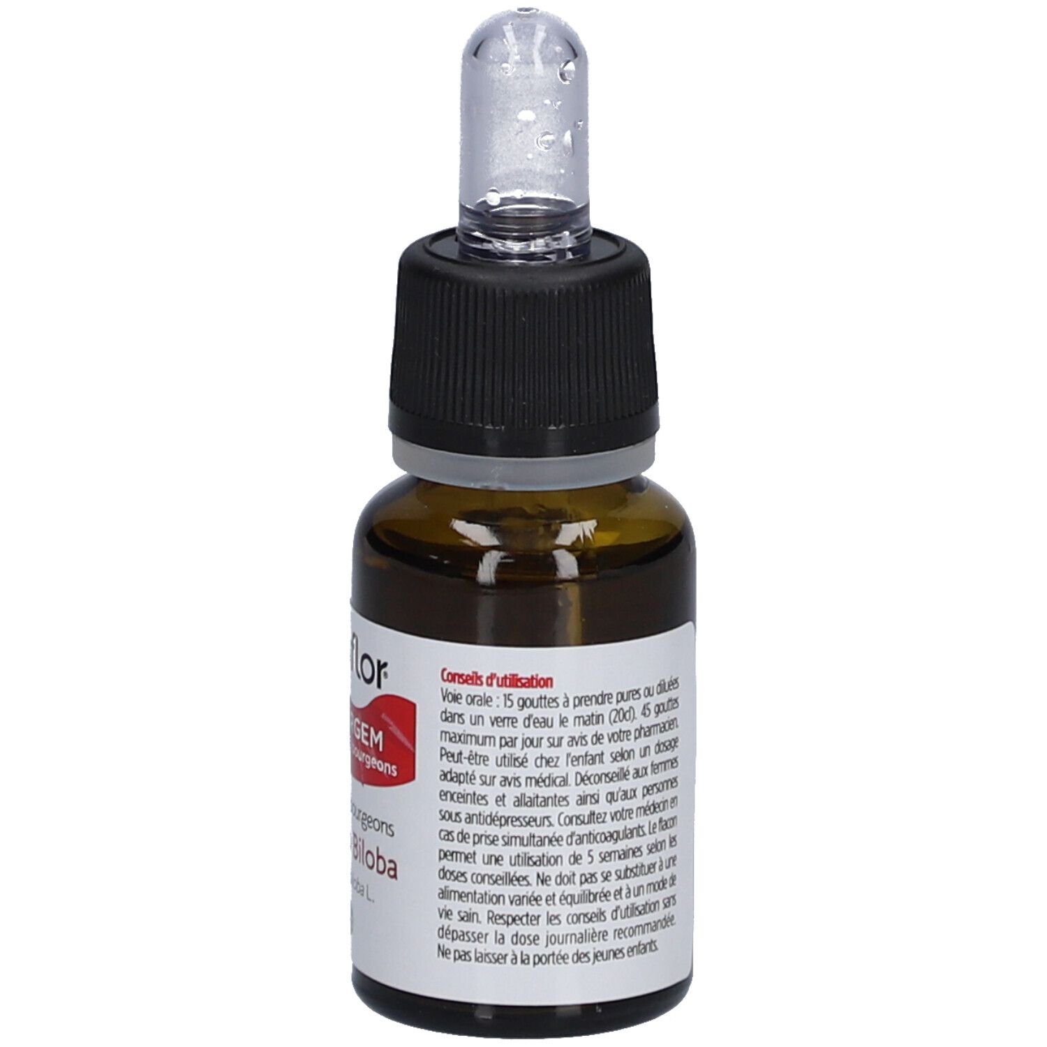 Flacon en verre brun avec étiquette. Texte avec conseils d'utilisation et recommandations de dosage.