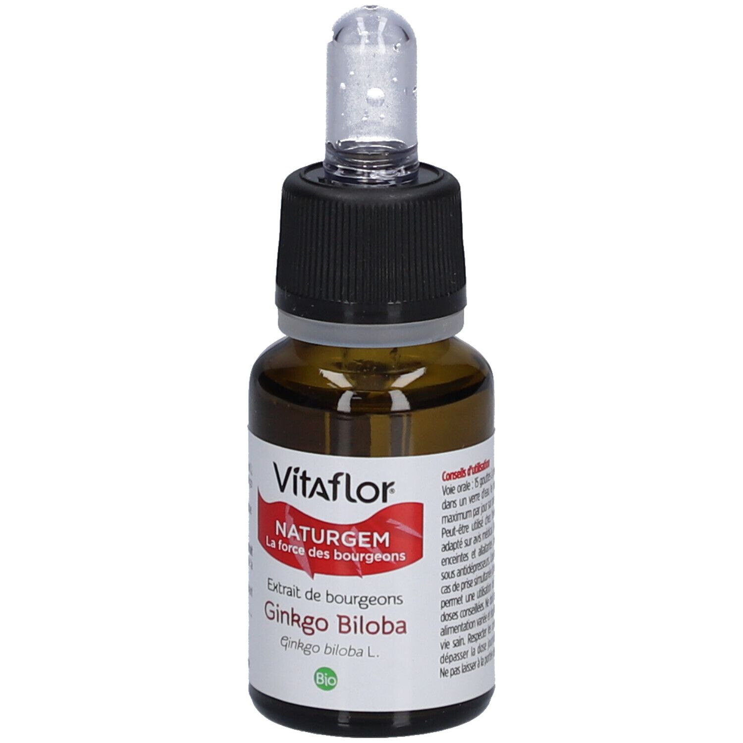 Flacon en verre brun avec bouchon noir et pipette. Étiquette Vitaflor, NATURGEM, Gingko Biloba et label Bio.