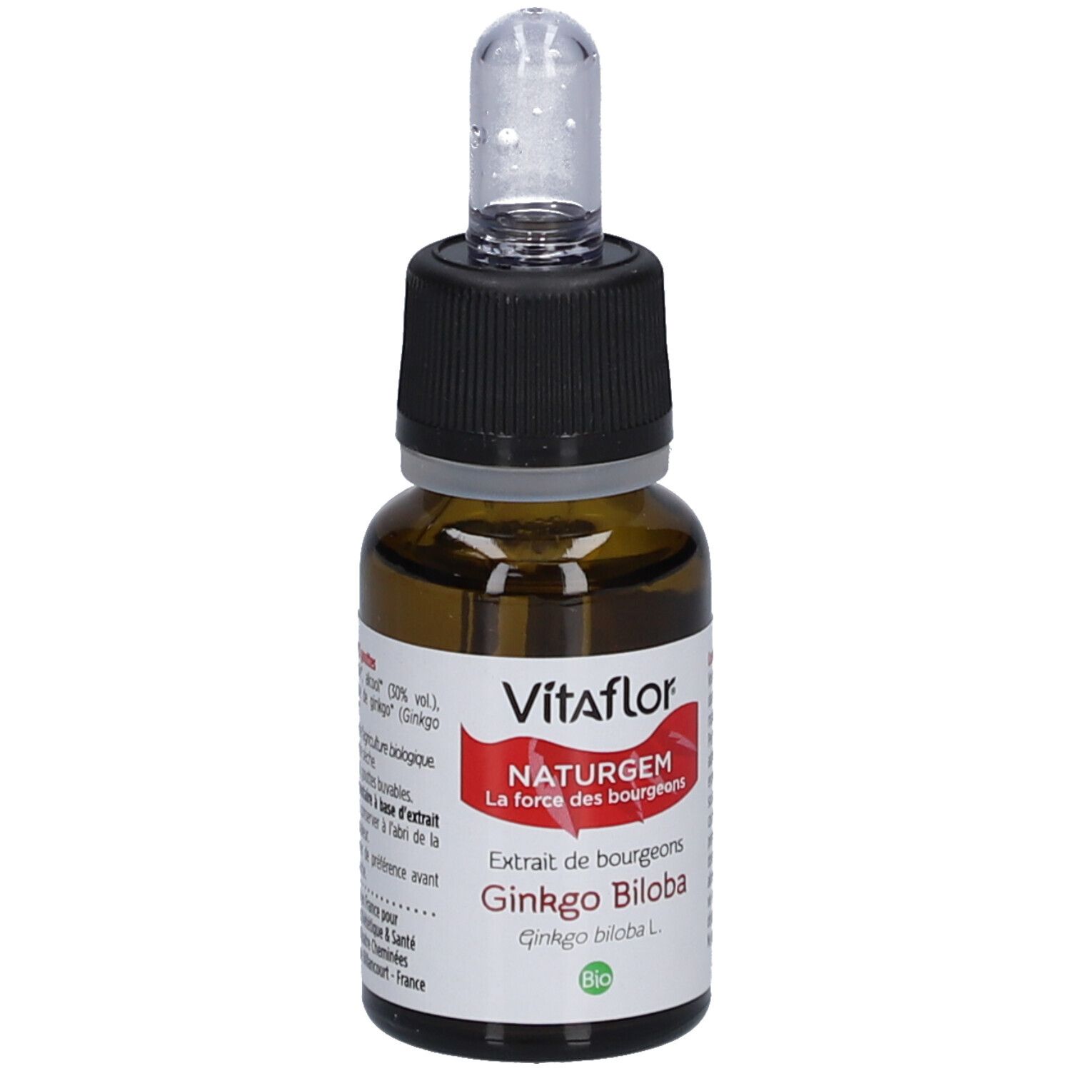Flacon en verre brun avec bouchon noir et pipette. Étiquette Vitaflor, NATURGEM, Gingko Biloba et label Bio.