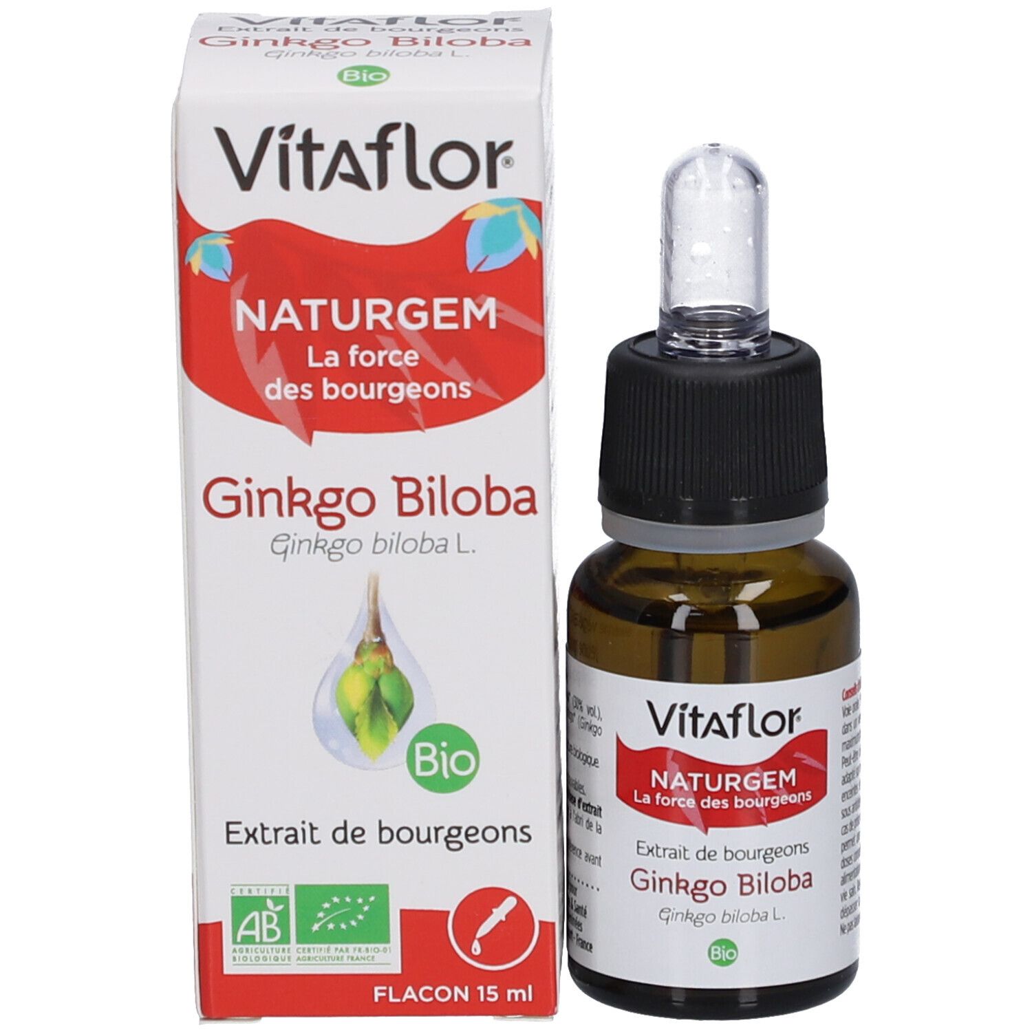 Emballage et flacon. Boîte Vitaflor, NATURGEM, Gingko Biloba et label Bio. Flacon à côté.