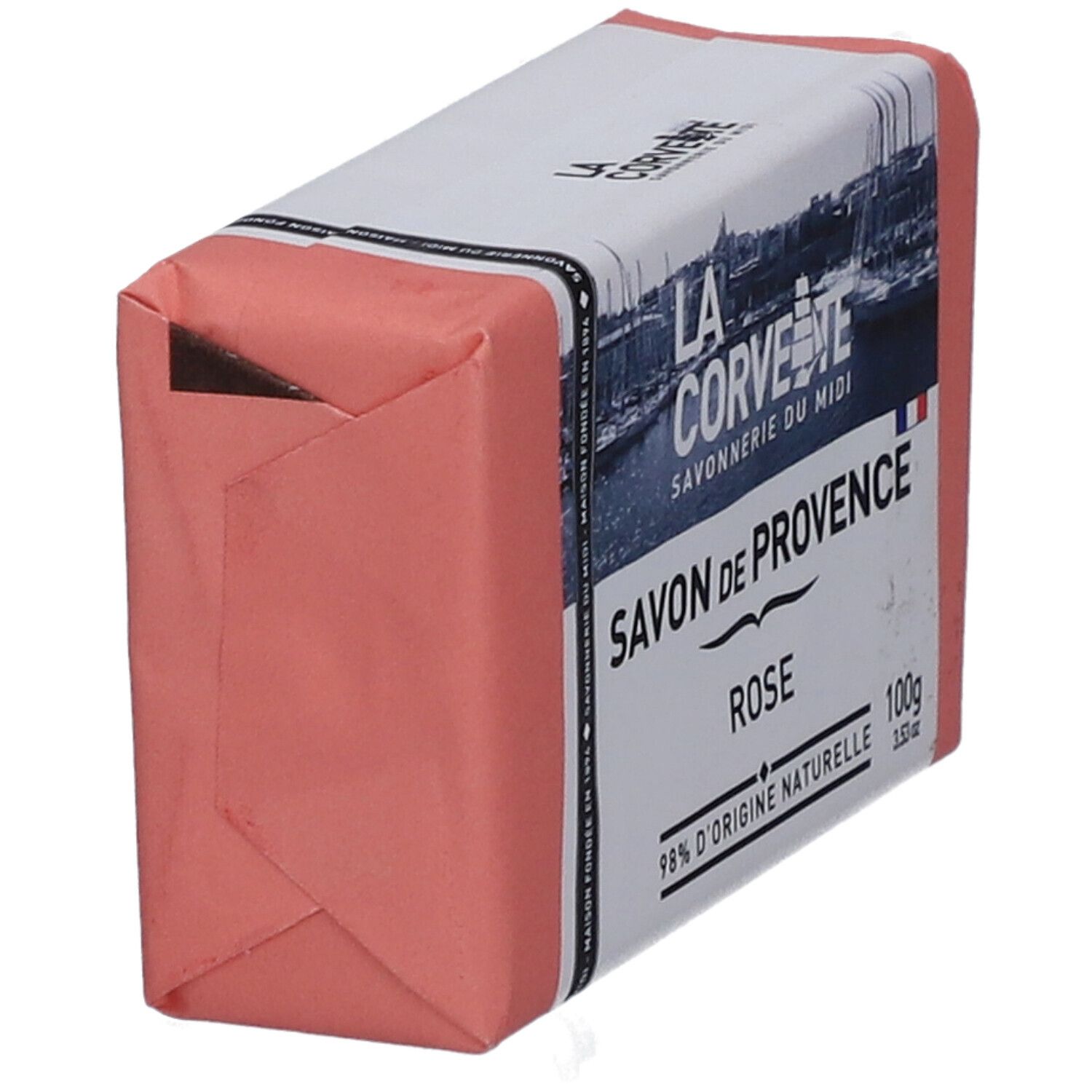 Rosa Seife in Papier verpackt. Aufschrift: LA CORVETTE Savon de Provence Rose. 100g.