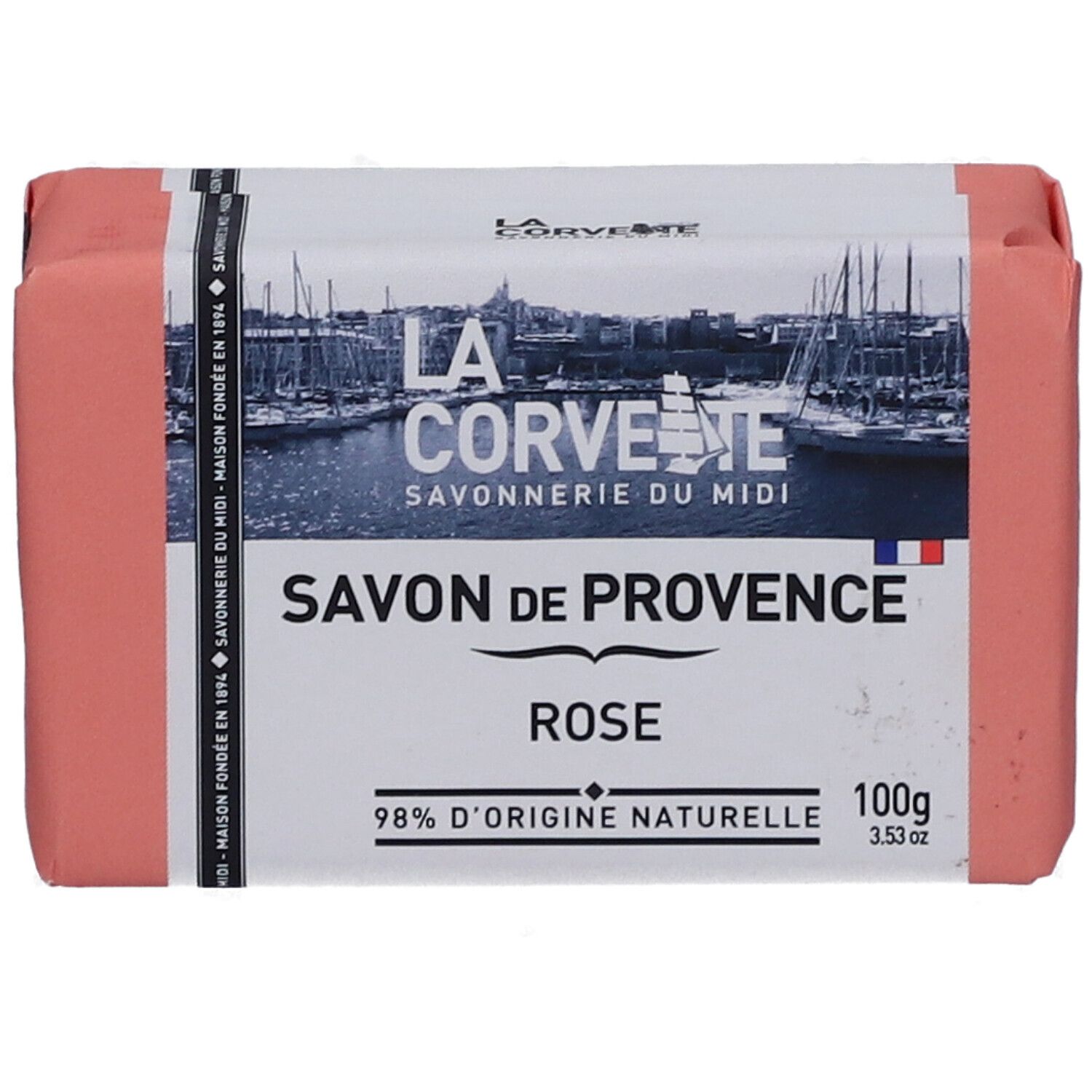 Rosa Seife in Papier verpackt. Aufschrift: LA CORVETTE Savon de Provence Rose. 100g.