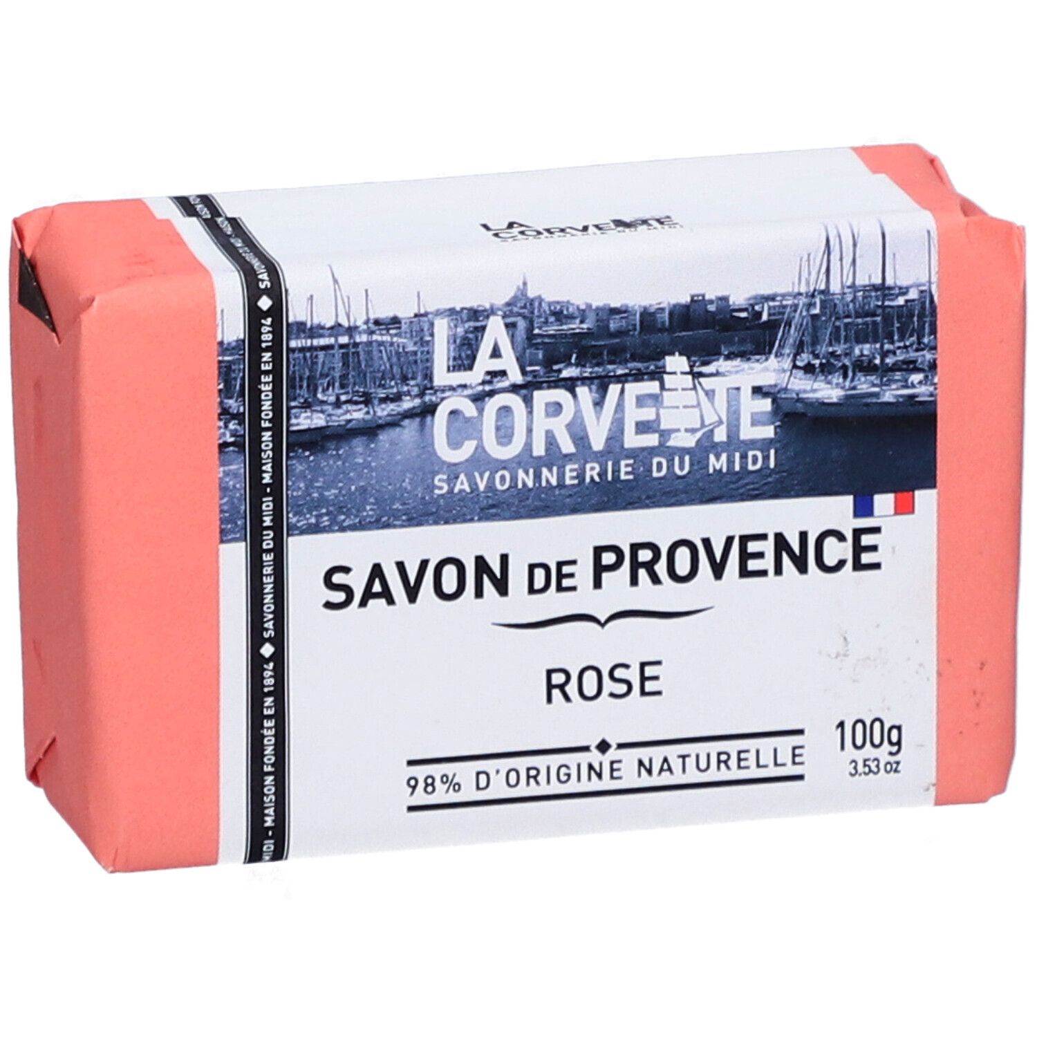 Rosa Seife in Papier verpackt. Aufschrift: LA CORVETTE Savon de Provence Rose. 100g.