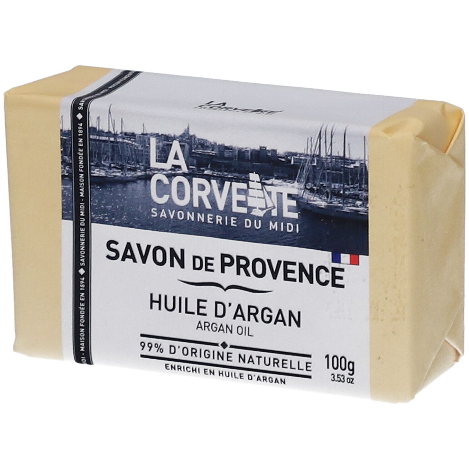 Seife in Papier verpackt. Aufschrift: Savon de Provence, Huile d'Argan, 99% d'origine naturelle.