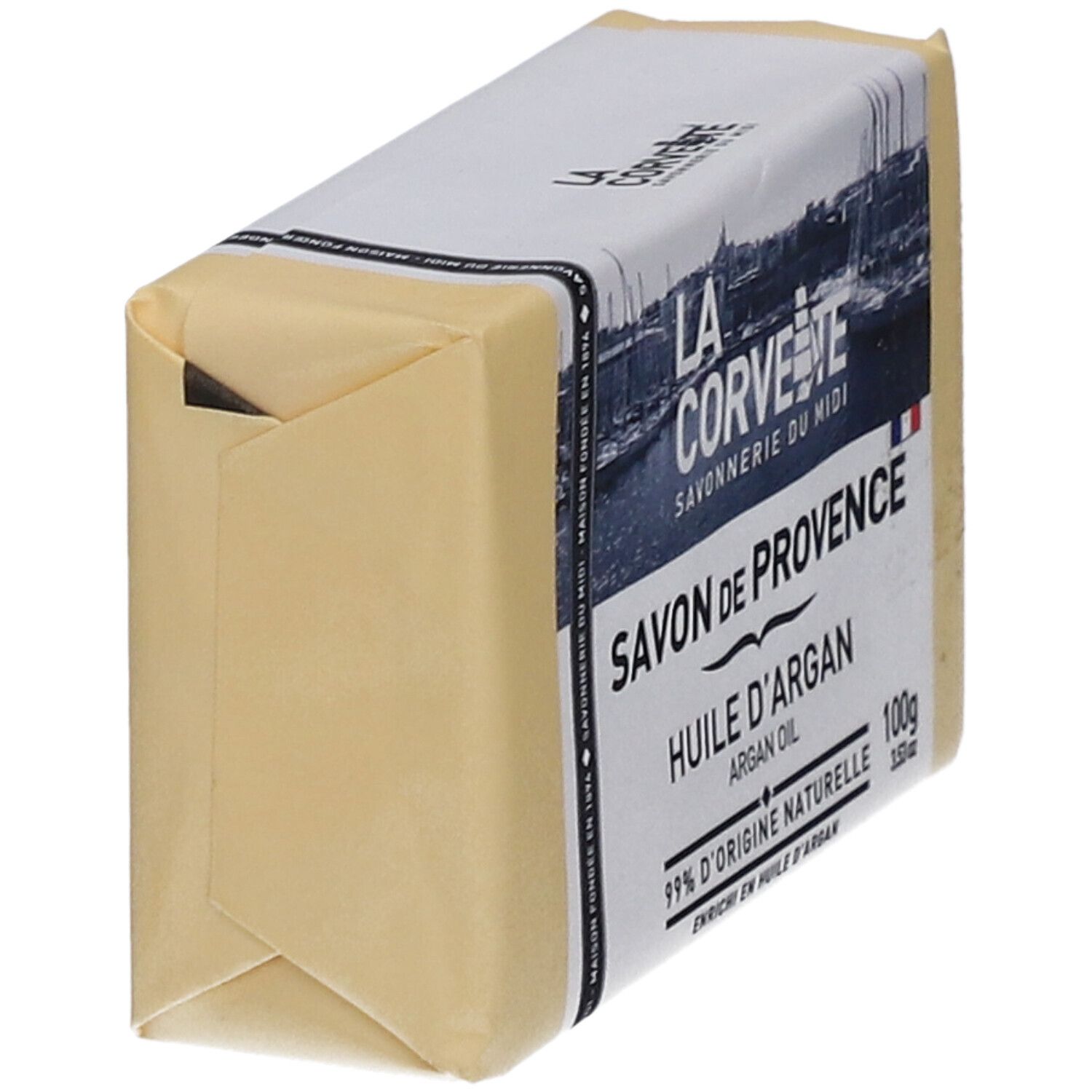 Seife in Papier verpackt. Aufschrift: Savon de Provence, Huile d'Argan, 99% d'origine naturelle.
