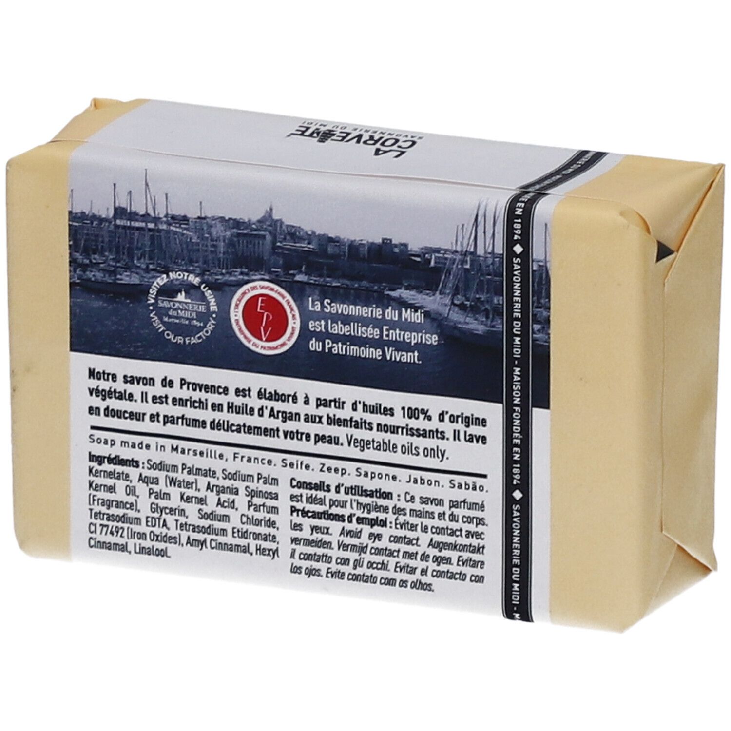 Seife in Papier verpackt. Rückseite mit Inhaltsstoffen und Informationen.