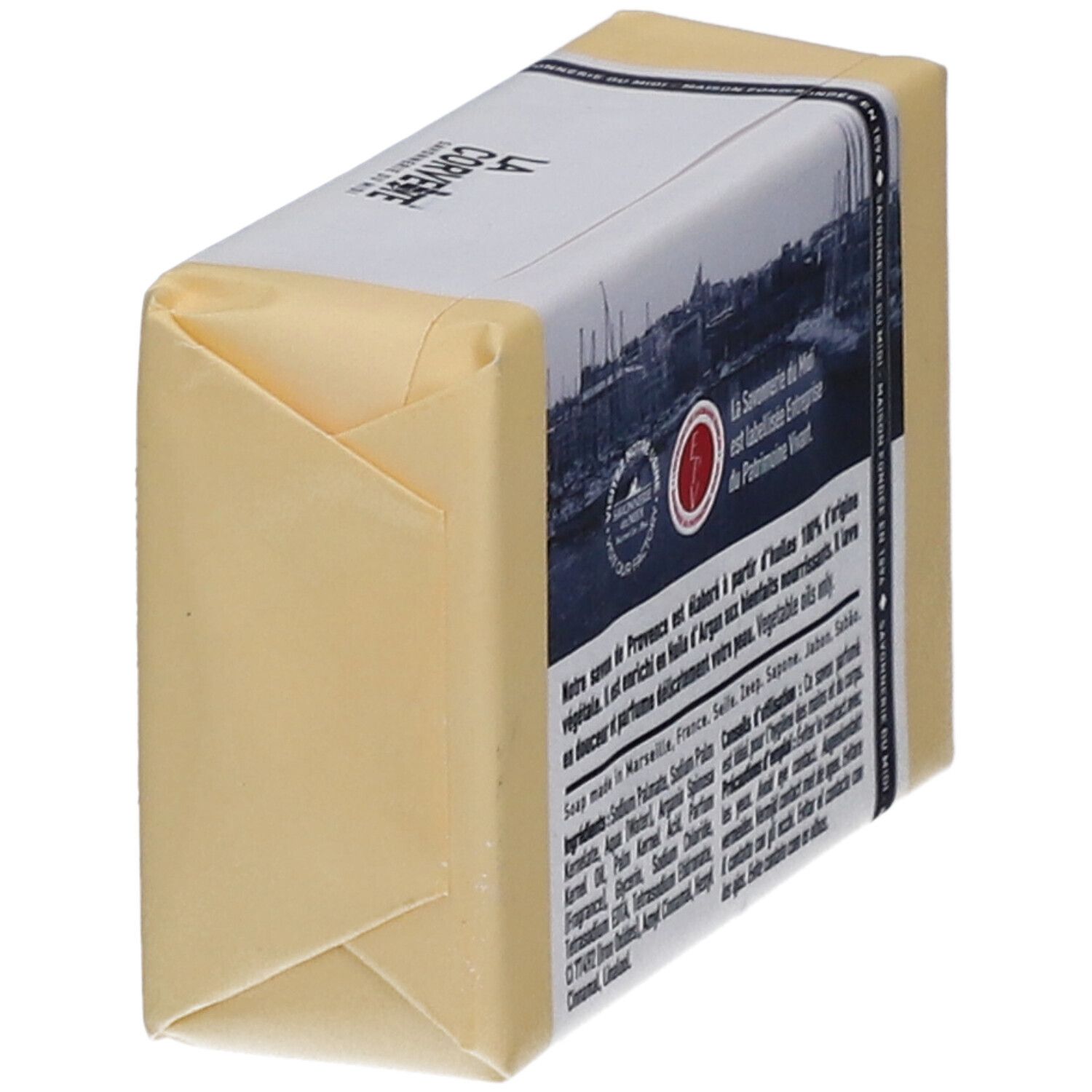 Seife in Papier verpackt. Rückseite mit Inhaltsstoffen und Informationen.