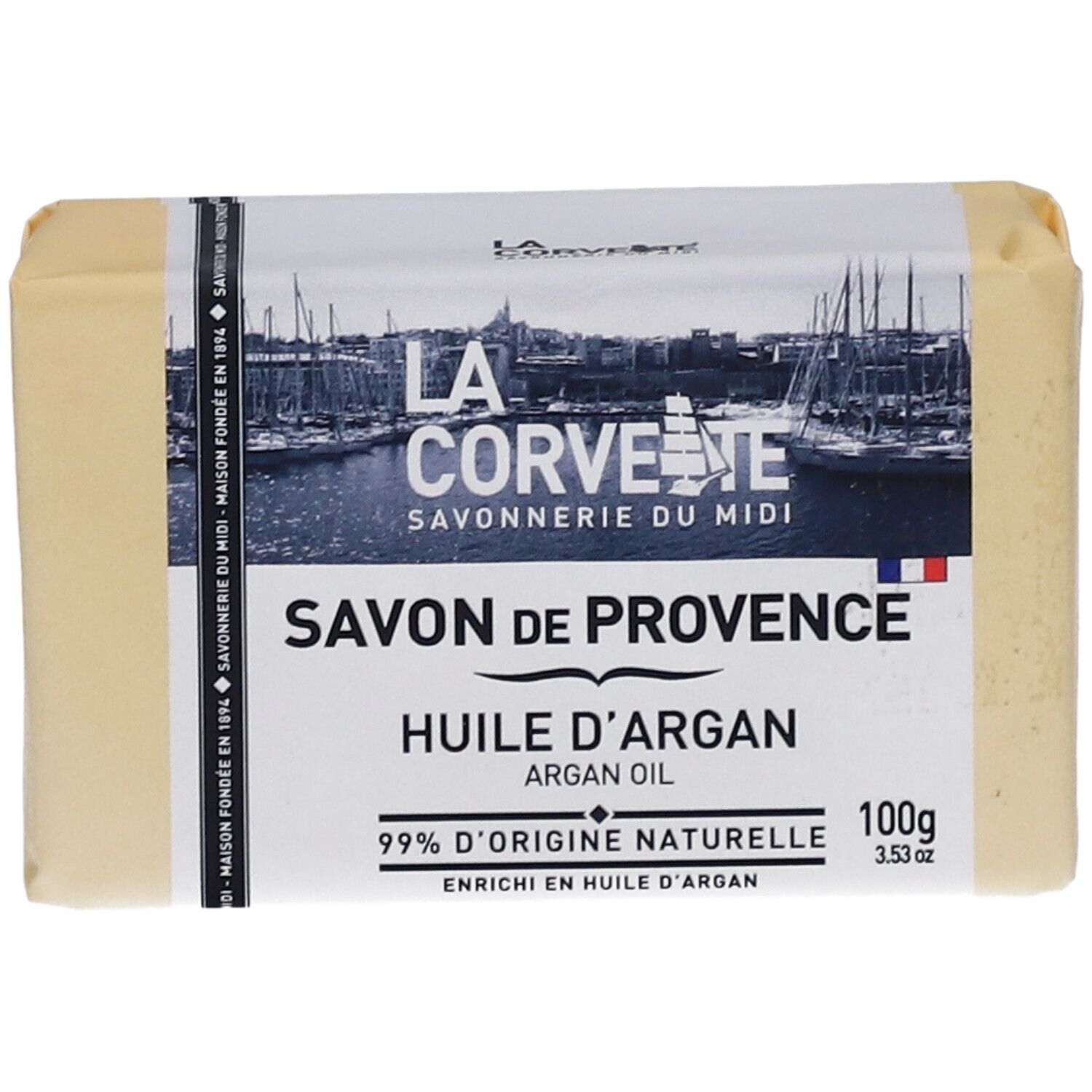 Seife in Papier verpackt. Aufschrift: Savon de Provence, Huile d'Argan, 99% d'origine naturelle.