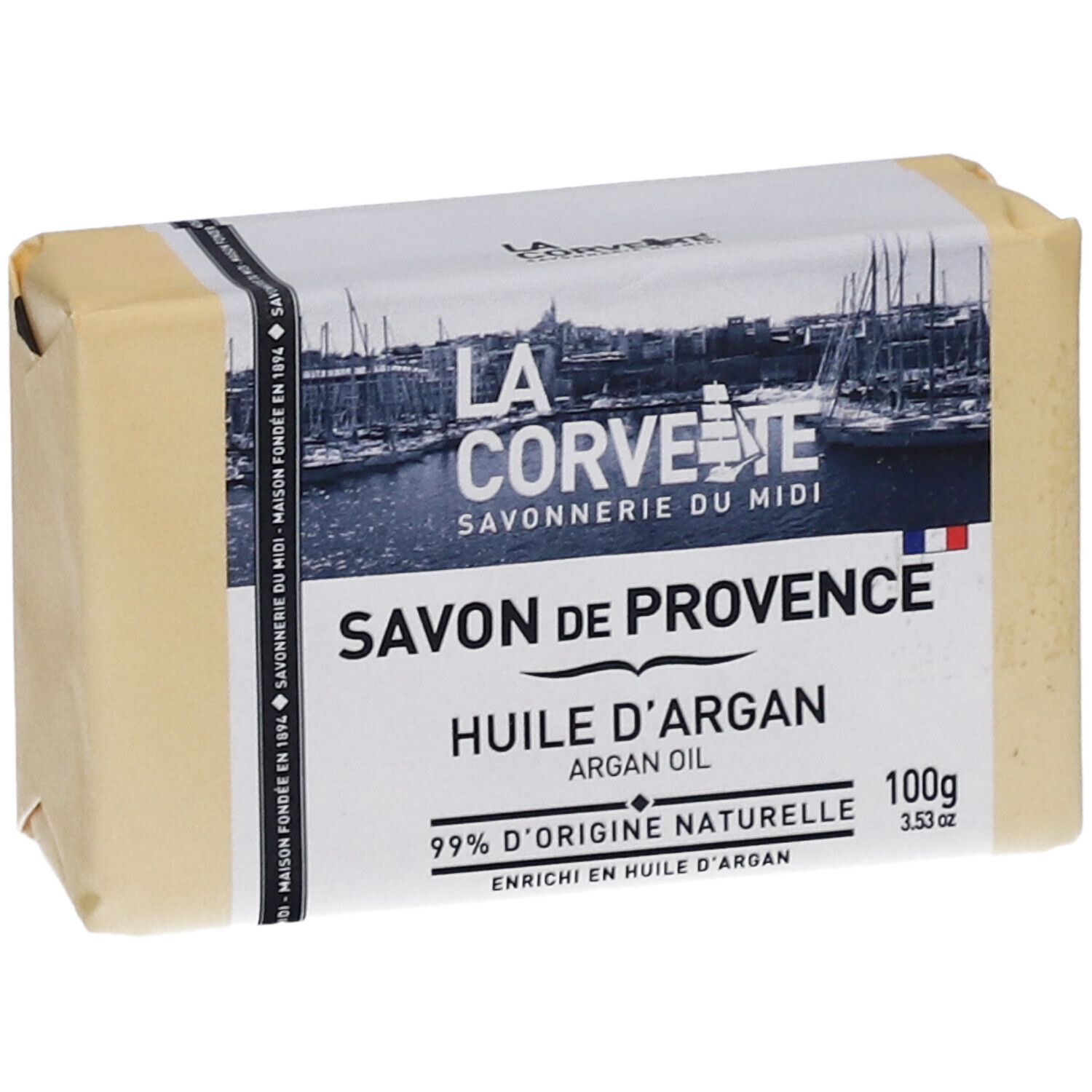 Seife in Papier verpackt. Aufschrift: Savon de Provence, Huile d'Argan, 99% d'origine naturelle.