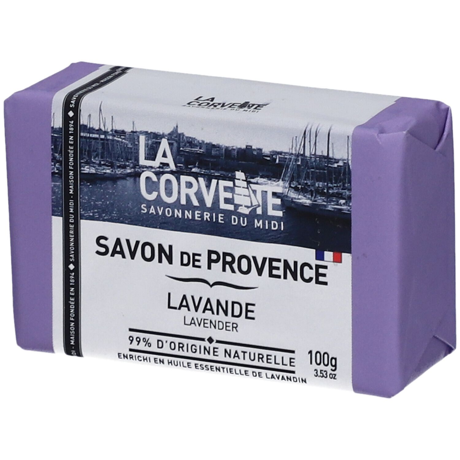 Savon de Provence Lavande emballé en violet. Inscription "100g" et drapeau français sur l'emballage.