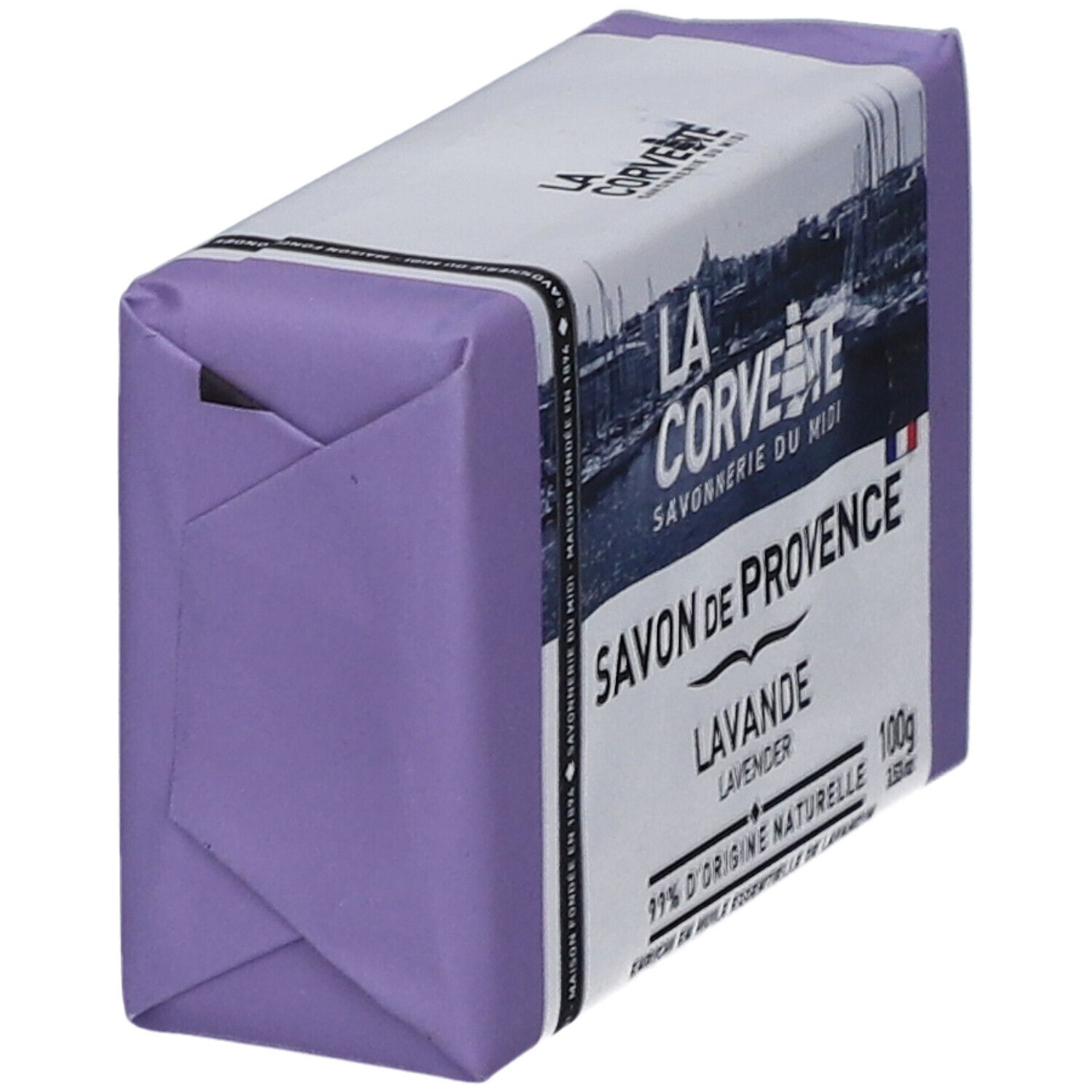 Savon Savon de Provence Lavande emballé en violet. Inscription sur l'emballage.