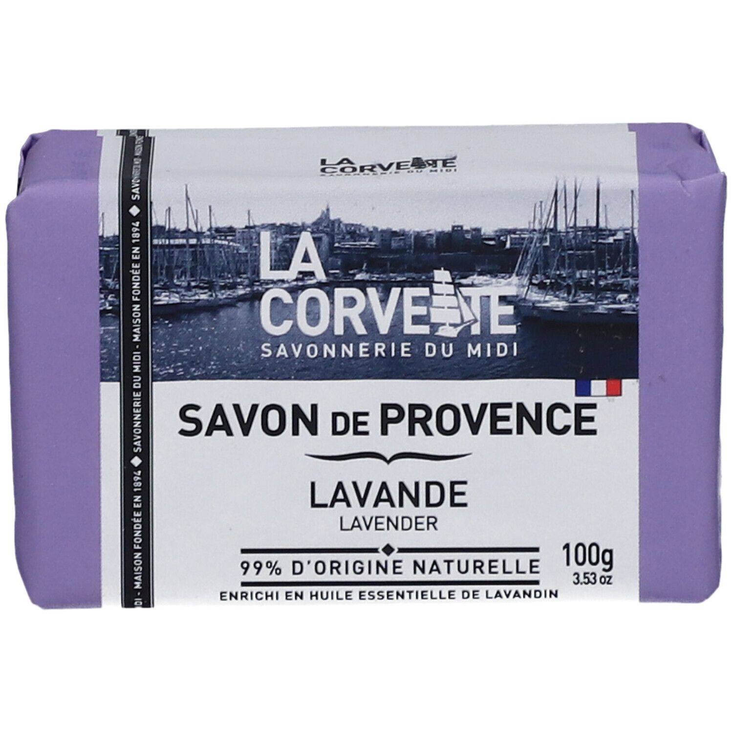 Savon Savon de Provence Lavande emballé en violet. Inscription "100g" sur l'emballage.